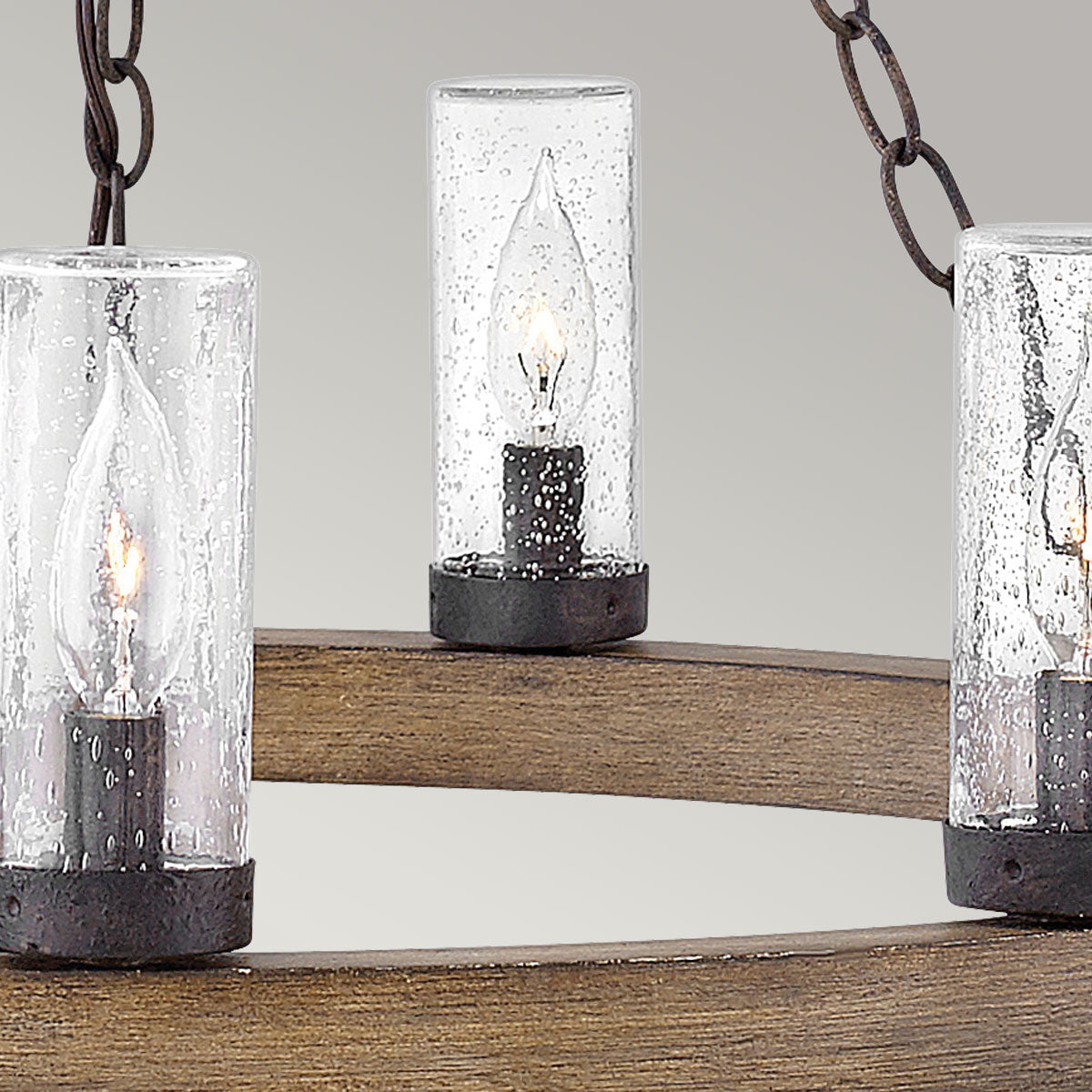 Hinkley SawyerExterior Chandelier - Sequoia wood effect with rust Iron accents & Clear seeded glass  IP44 E14