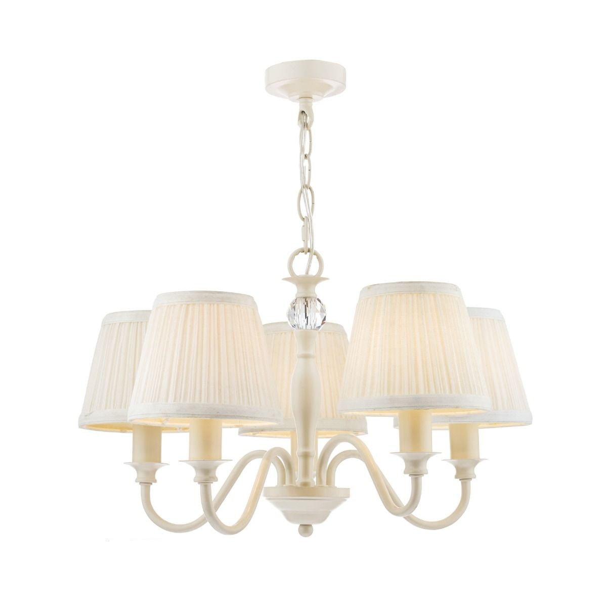 Chandelier with white lampshades and crystal accents on a white background, featuring the Laura Ashley logo.