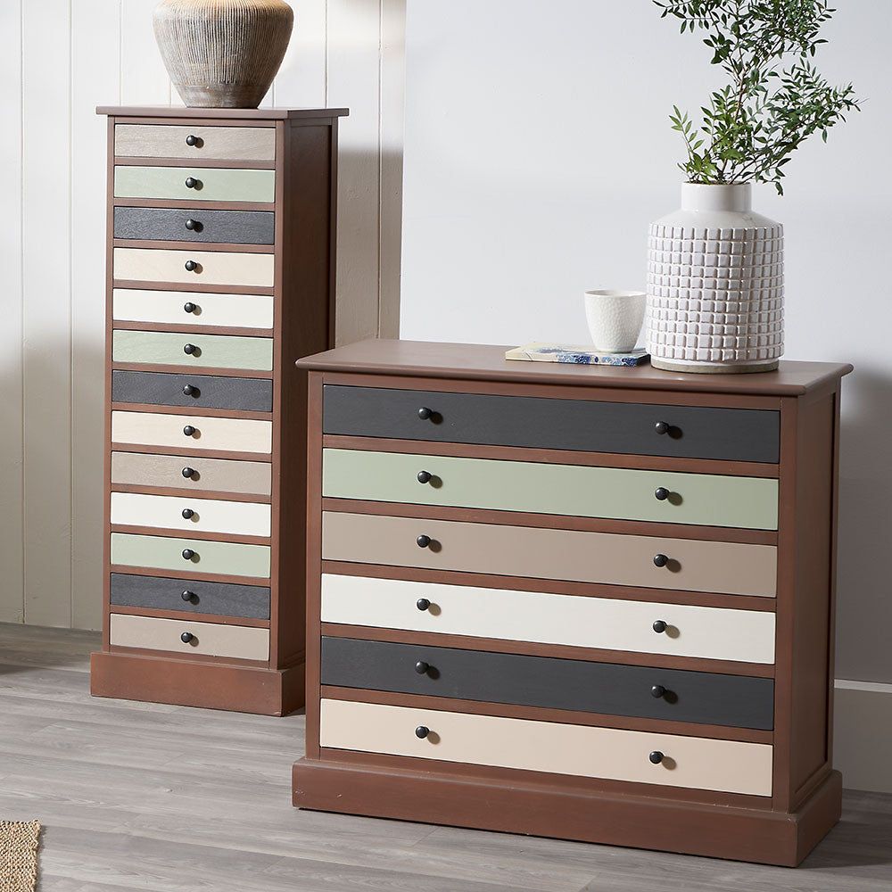 Loft Pine Wood 6 Drawer Unit - Sage Multi Coloured Finish
