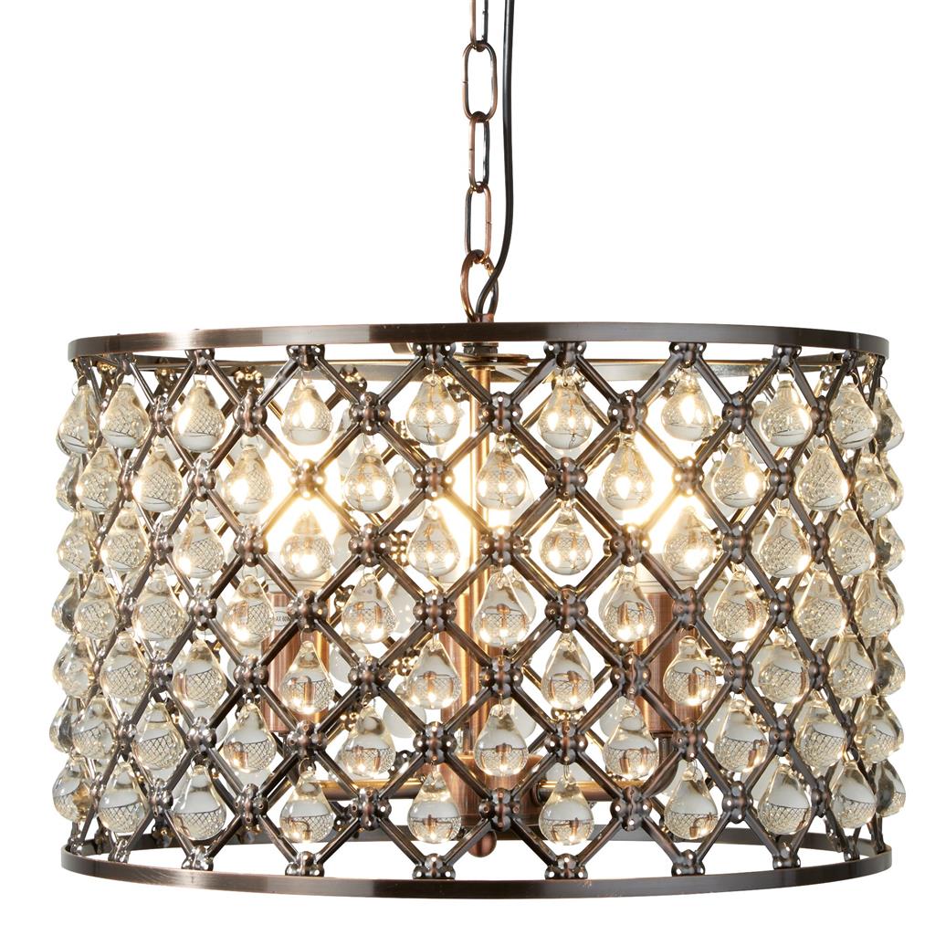 Marquise 3Lt Drum Crystal Ceiling Light - Antique Copper Metal & Glass