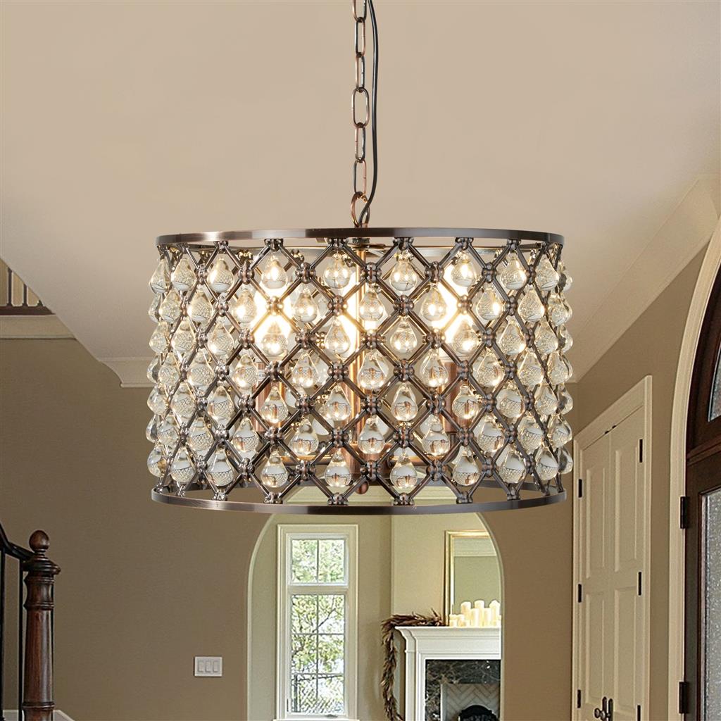 Marquise 3Lt Drum Crystal Ceiling Light - Antique Copper Metal & Glass