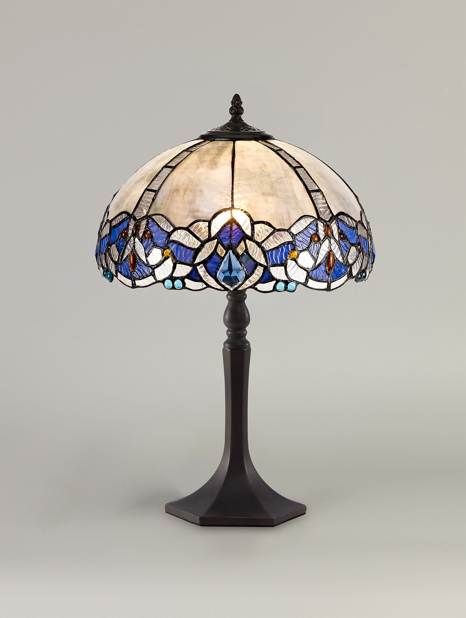 Oksana 1/2 Light Octagonal/Tree/Curved Table Lamp E27 With Tiffany Shade, Blue & Clear Crystal & Aged Antique Brass