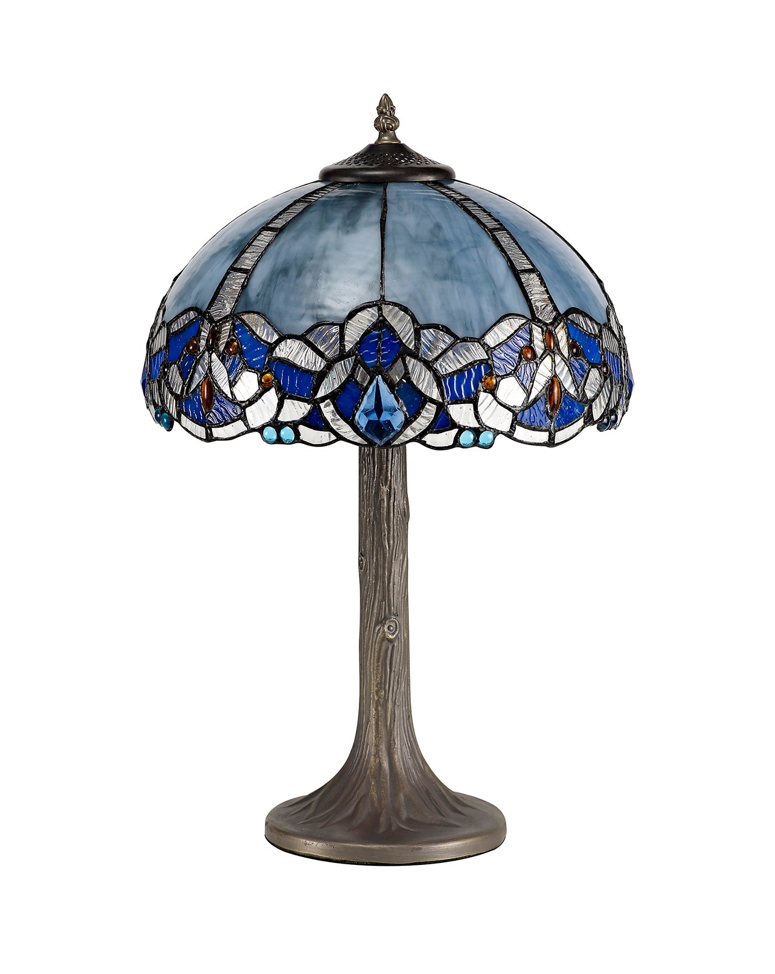 Oksana 1/2 Light Octagonal/Tree/Curved Table Lamp E27 With Tiffany Shade, Blue & Clear Crystal & Aged Antique Brass