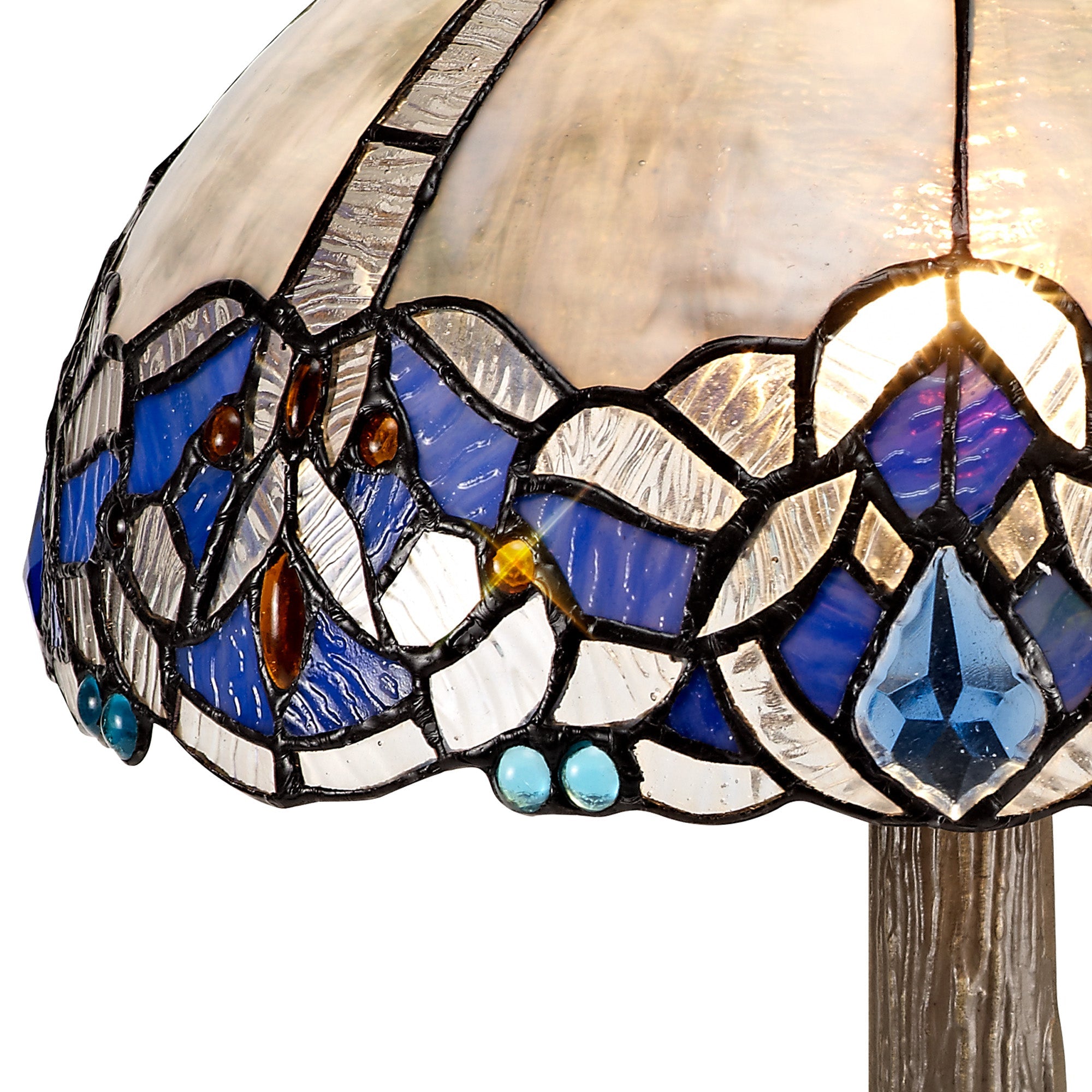 Oksana 1/2 Light Octagonal/Tree/Curved Table Lamp E27 With Tiffany Shade, Blue & Clear Crystal & Aged Antique Brass