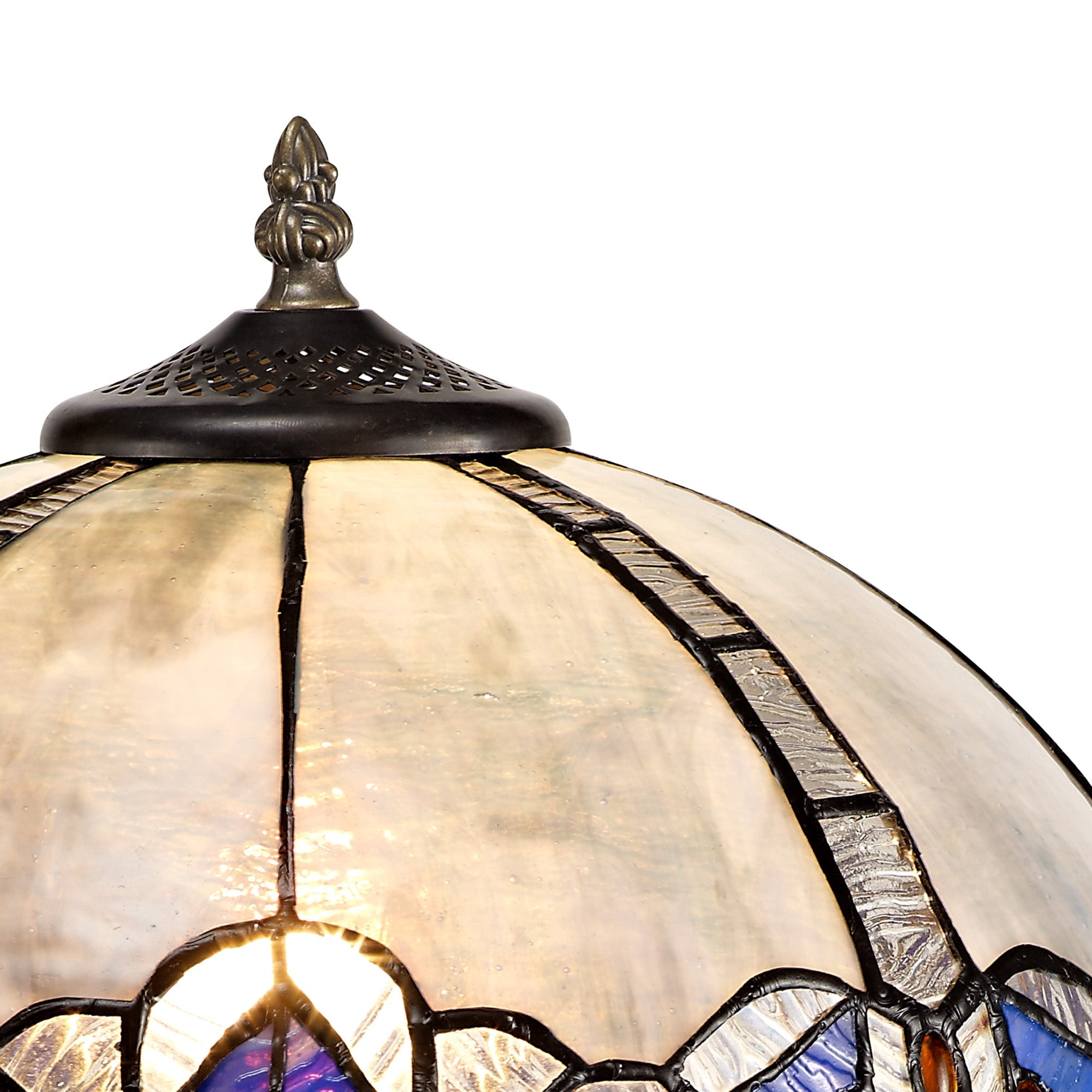 Oksana 1/2 Light Octagonal/Tree/Curved Table Lamp E27 With Tiffany Shade, Blue & Clear Crystal & Aged Antique Brass