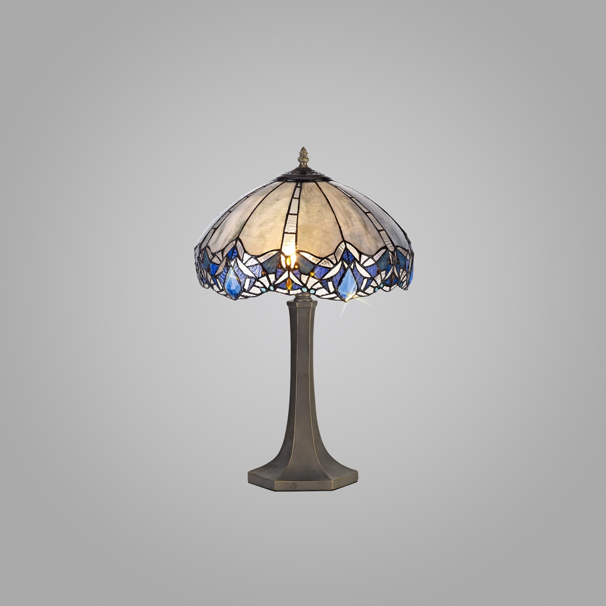 Oksana 1/2 Light Octagonal/Tree/Curved Table Lamp E27 With Tiffany Shade, Blue & Clear Crystal & Aged Antique Brass