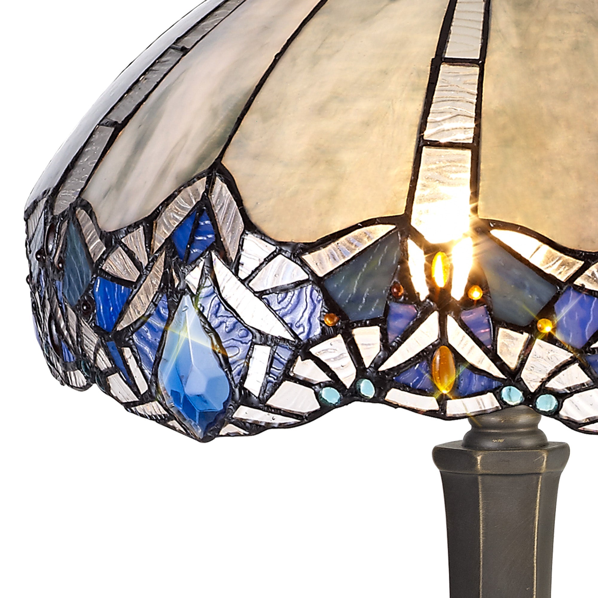 Oksana 1/2 Light Octagonal/Tree/Curved Table Lamp E27 With Tiffany Shade, Blue & Clear Crystal & Aged Antique Brass