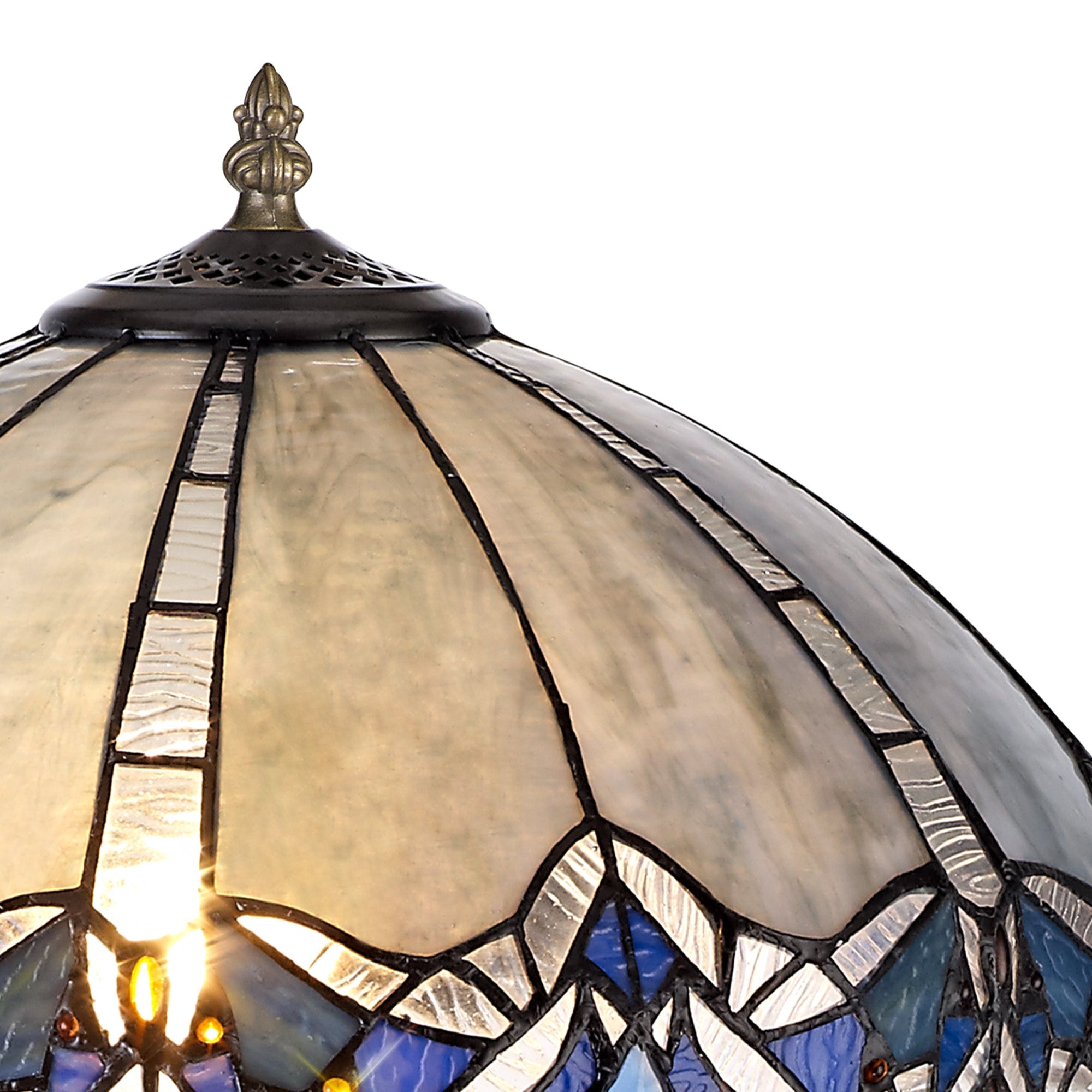 Oksana 1/2 Light Octagonal/Tree/Curved Table Lamp E27 With Tiffany Shade, Blue & Clear Crystal & Aged Antique Brass