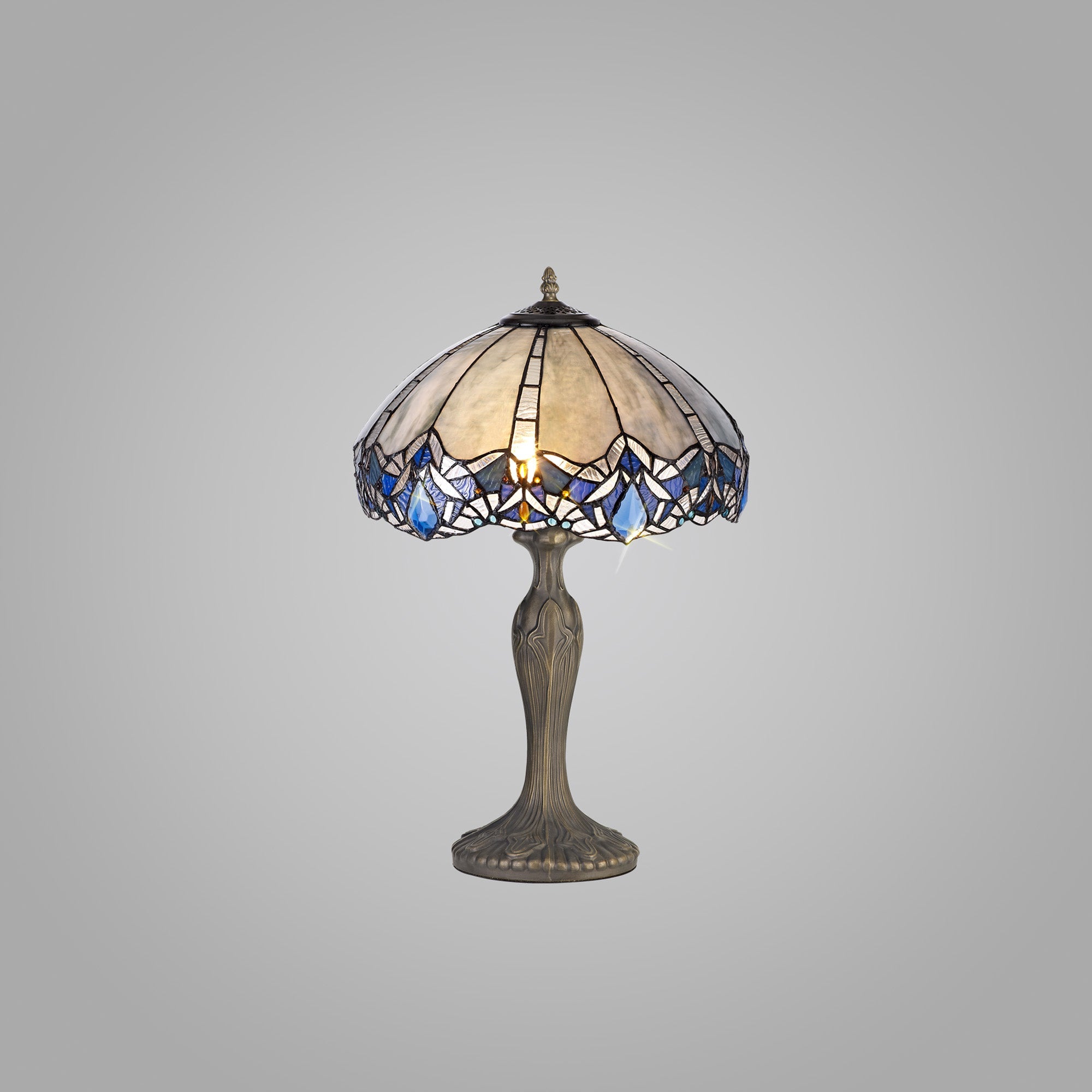Oksana 1/2 Light Octagonal/Tree/Curved Table Lamp E27 With Tiffany Shade, Blue & Clear Crystal & Aged Antique Brass