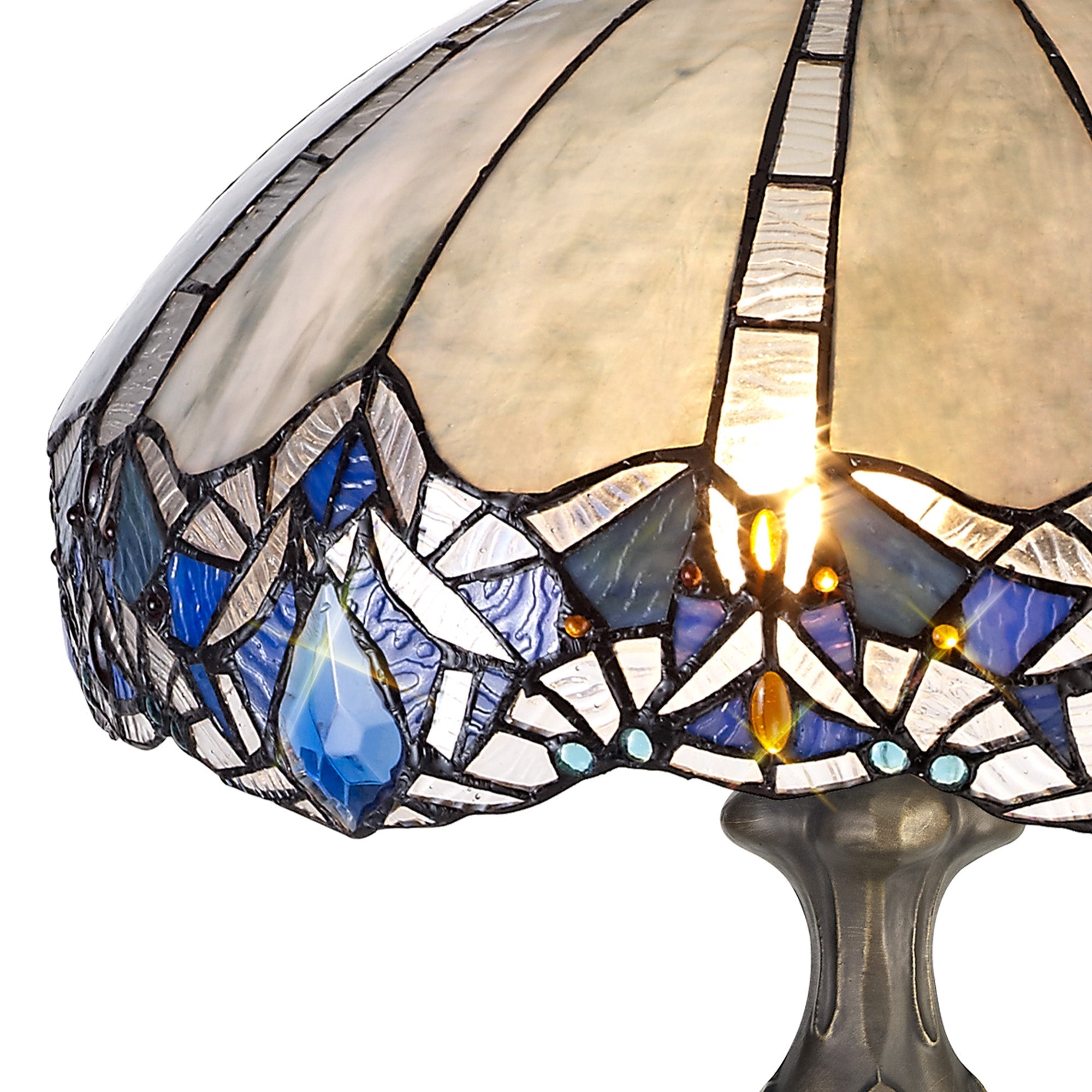 Oksana 1/2 Light Octagonal/Tree/Curved Table Lamp E27 With Tiffany Shade, Blue & Clear Crystal & Aged Antique Brass