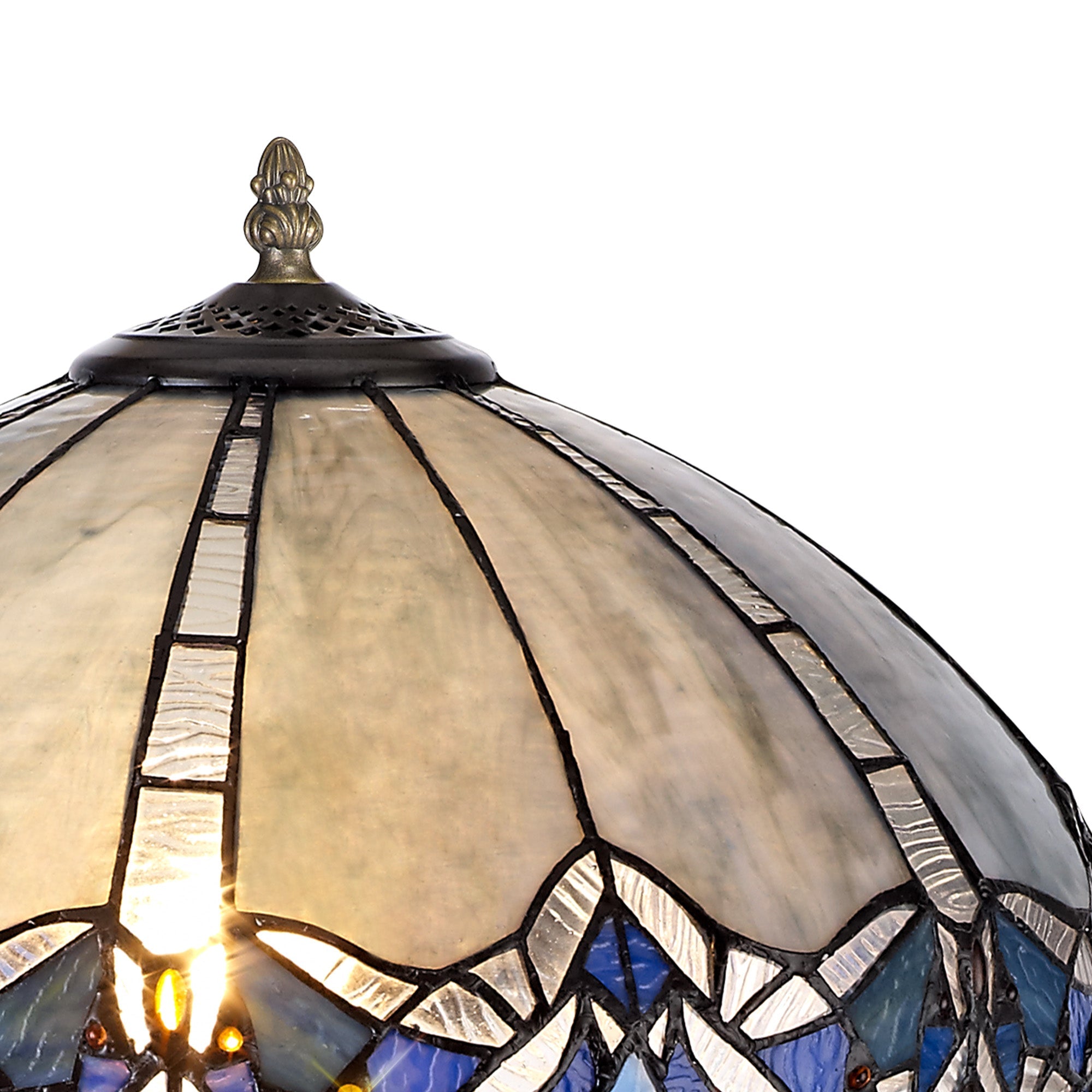Oksana 1/2 Light Octagonal/Tree/Curved Table Lamp E27 With Tiffany Shade, Blue & Clear Crystal & Aged Antique Brass