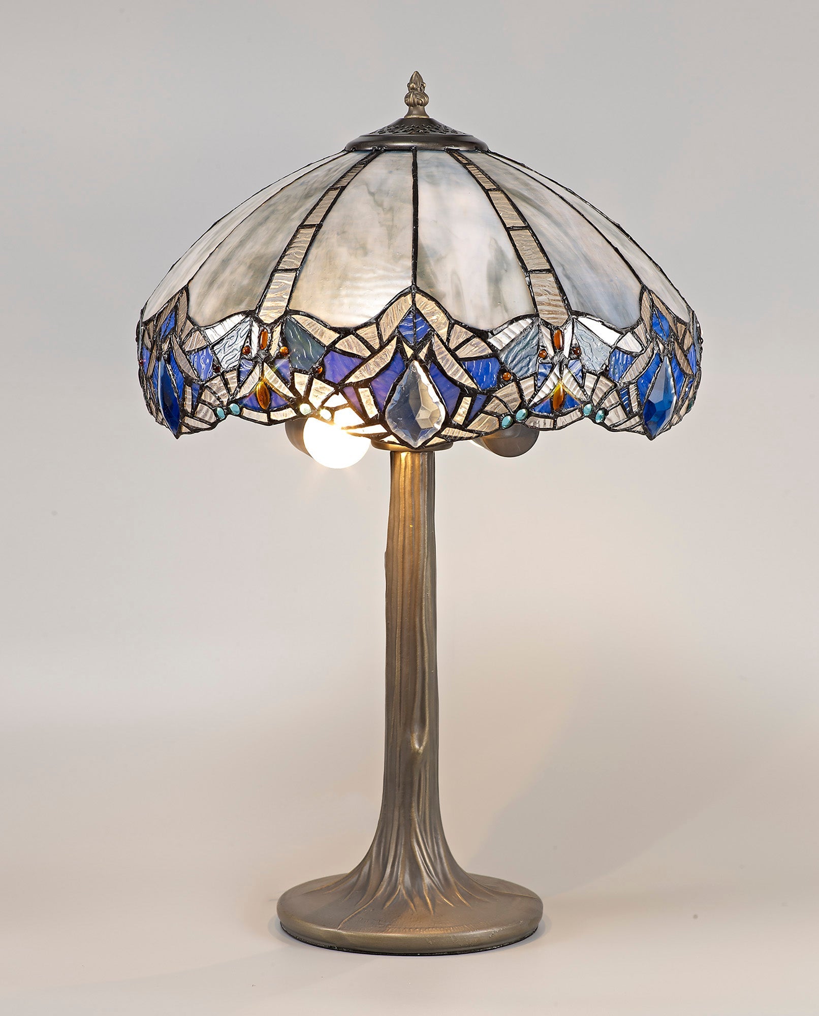 Oksana 1/2 Light Octagonal/Tree/Curved Table Lamp E27 With Tiffany Shade, Blue & Clear Crystal & Aged Antique Brass