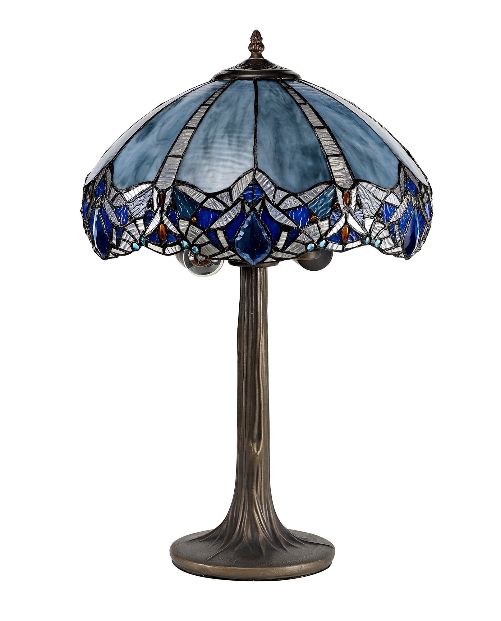 Oksana 1/2 Light Octagonal/Tree/Curved Table Lamp E27 With Tiffany Shade, Blue & Clear Crystal & Aged Antique Brass