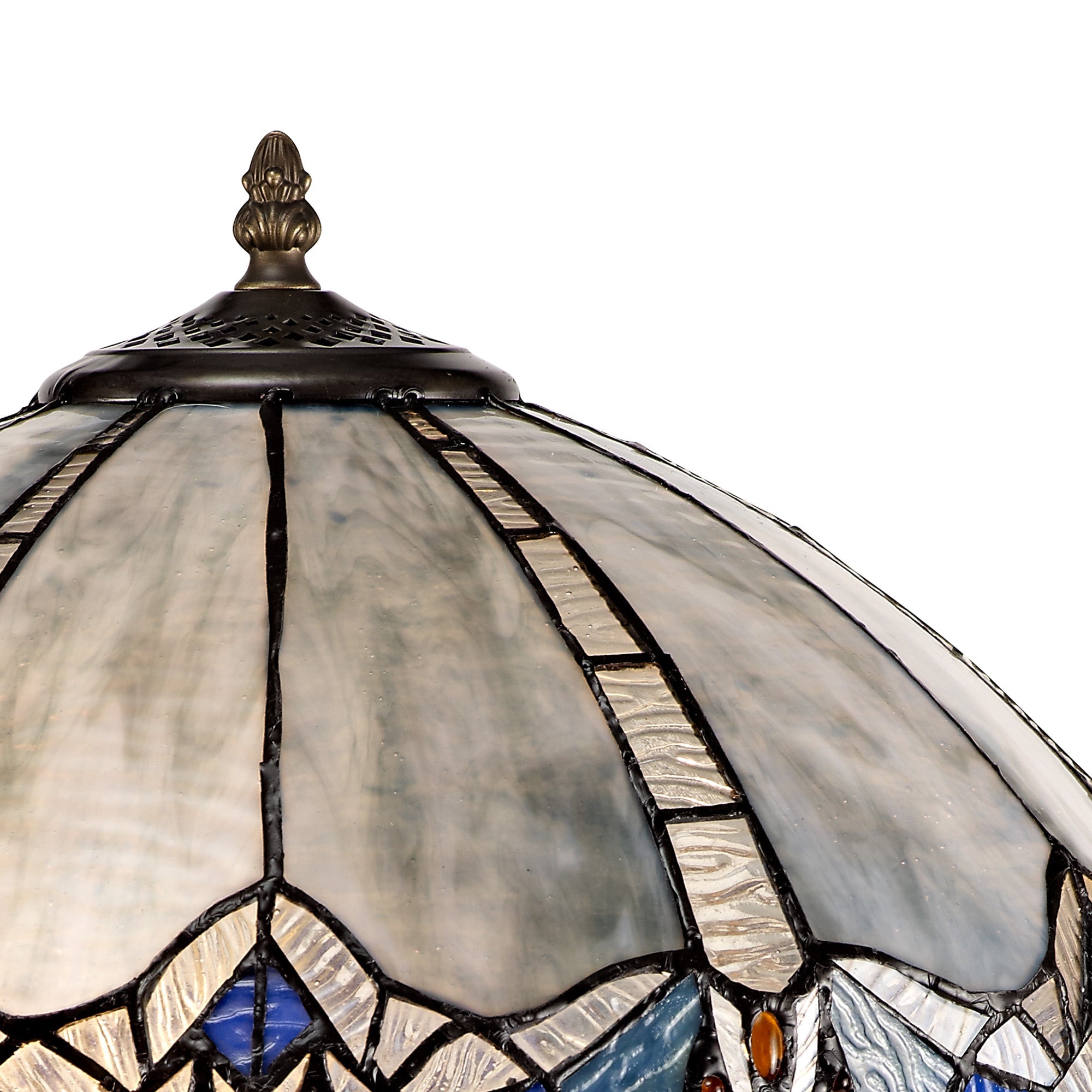 Oksana 1/2 Light Octagonal/Tree/Curved Table Lamp E27 With Tiffany Shade, Blue & Clear Crystal & Aged Antique Brass