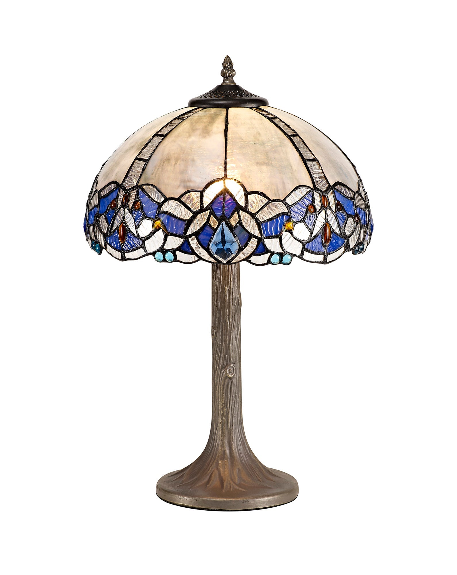Oksana 1/2 Light Octagonal/Tree/Curved Table Lamp E27 With Tiffany Shade, Blue & Clear Crystal & Aged Antique Brass