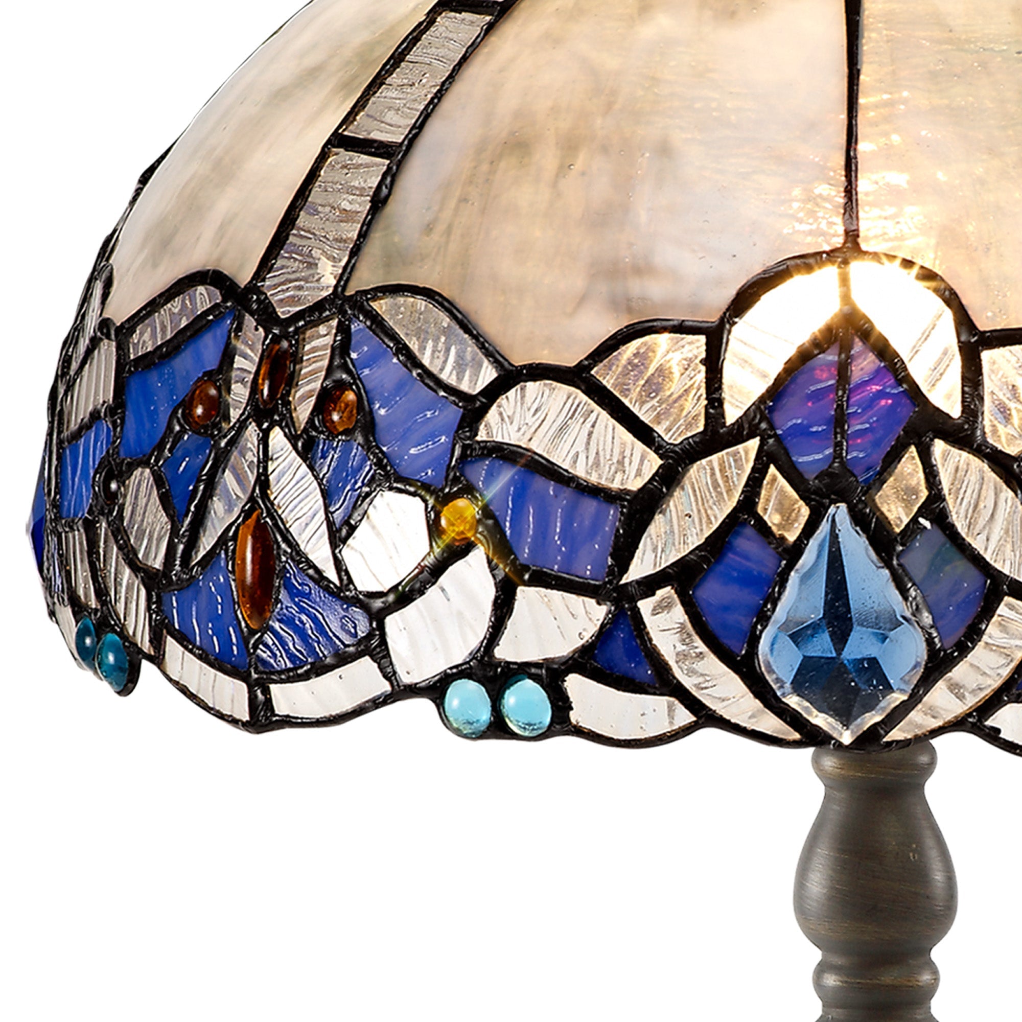 Oksana 1/2 Light Octagonal/Tree/Curved Table Lamp E27 With Tiffany Shade, Blue & Clear Crystal & Aged Antique Brass