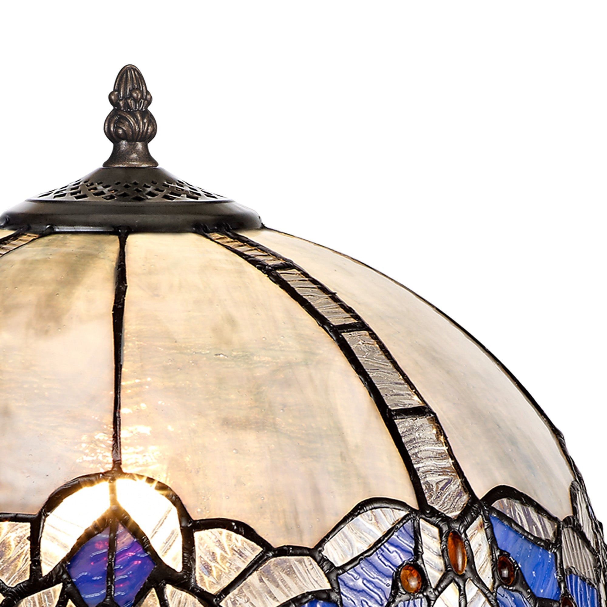Oksana 1/2 Light Octagonal/Tree/Curved Table Lamp E27 With Tiffany Shade, Blue & Clear Crystal & Aged Antique Brass