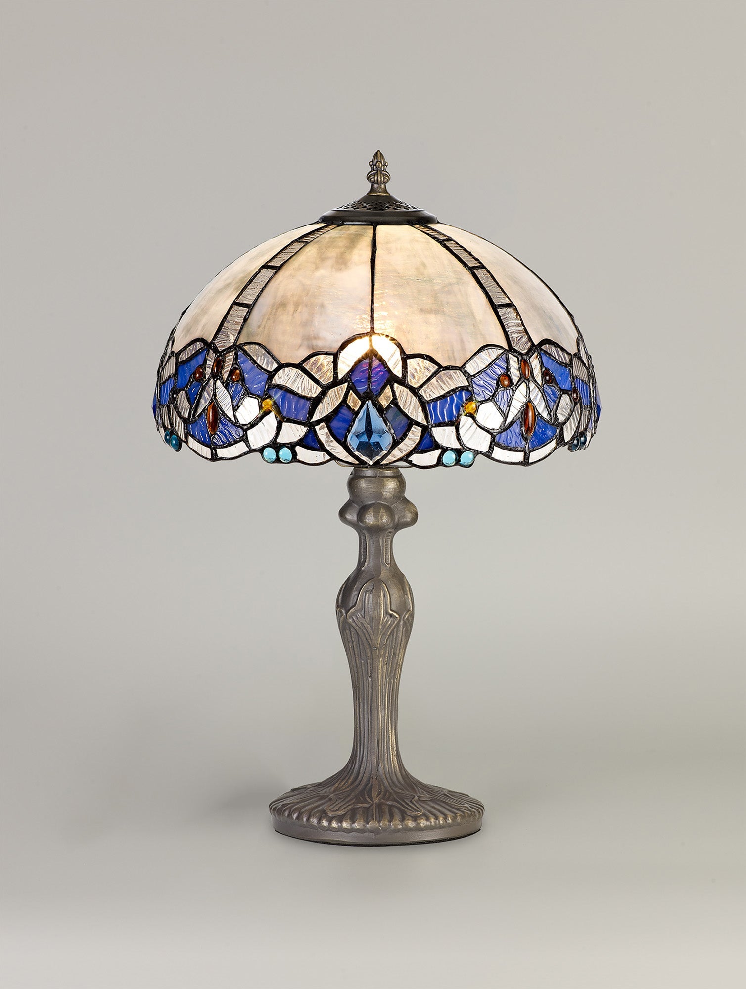 Oksana 1/2 Light Octagonal/Tree/Curved Table Lamp E27 With Tiffany Shade, Blue & Clear Crystal & Aged Antique Brass