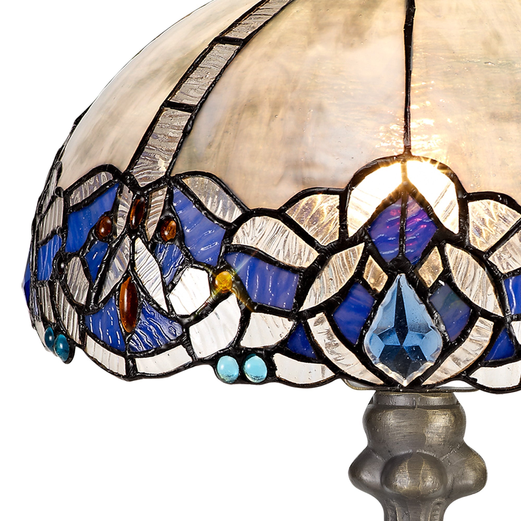 Oksana 1/2 Light Octagonal/Tree/Curved Table Lamp E27 With Tiffany Shade, Blue & Clear Crystal & Aged Antique Brass