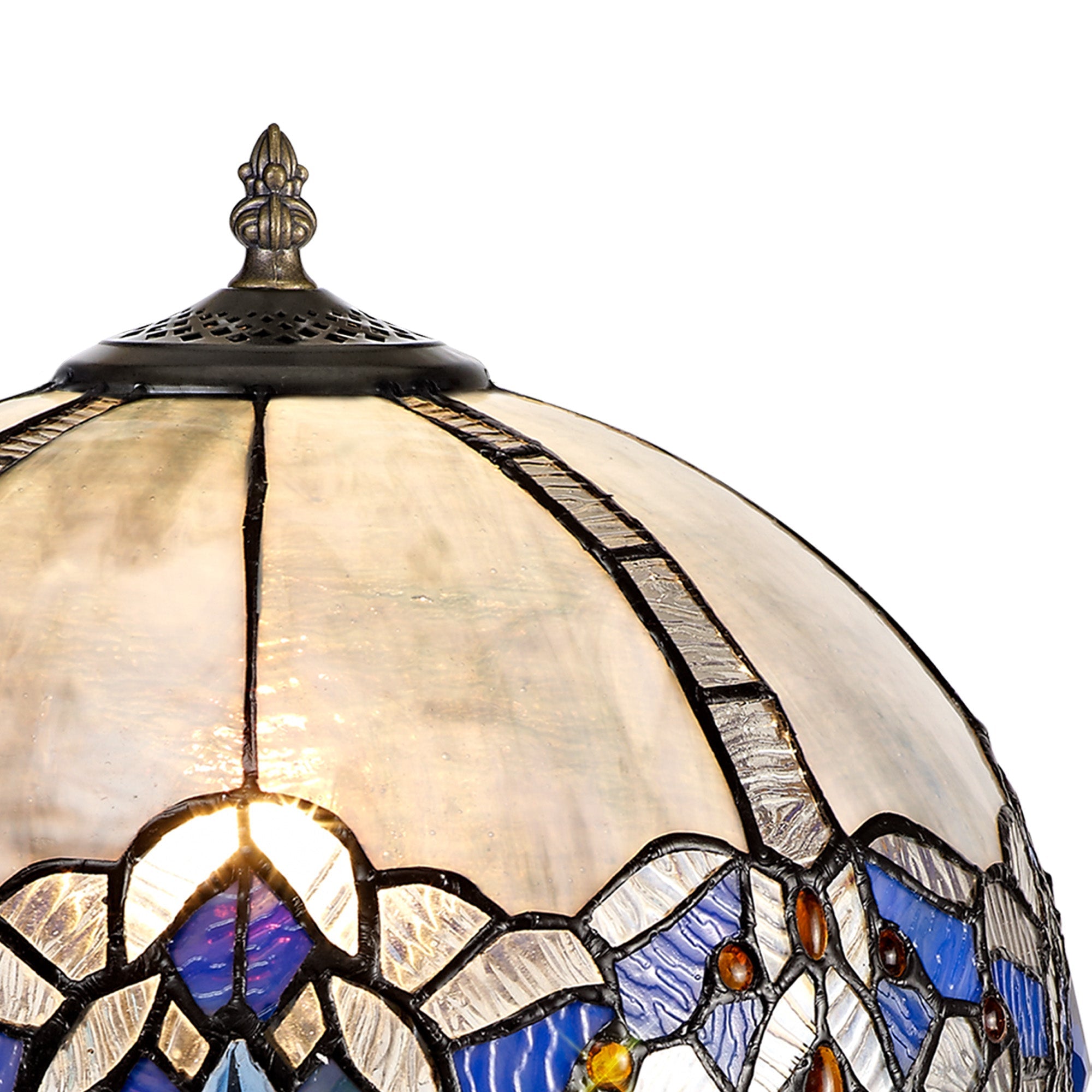 Oksana 1/2 Light Octagonal/Tree/Curved Table Lamp E27 With Tiffany Shade, Blue & Clear Crystal & Aged Antique Brass
