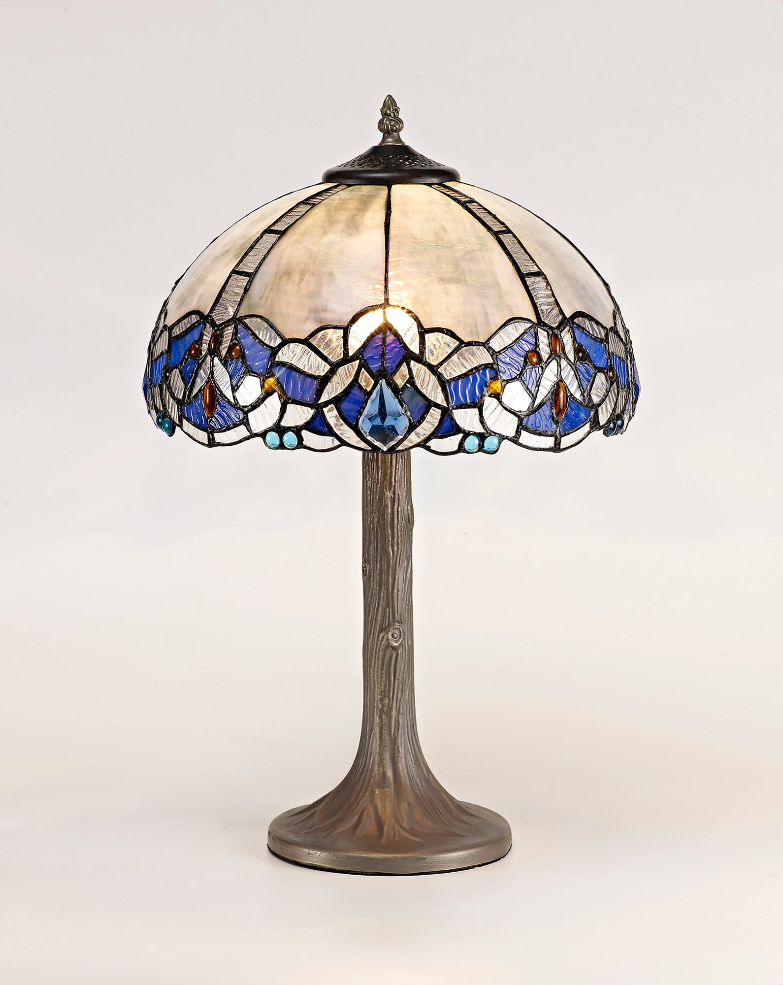 Oksana 1/2 Light Octagonal/Tree/Curved Table Lamp E27 With Tiffany Shade, Blue & Clear Crystal & Aged Antique Brass