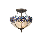 Oksana 2/3 Light Medium/Large Indoor Semi Flush Ceiling Light E27 With Tiffany Shade, Blue & Clear Crystal & Aged Antique Brass