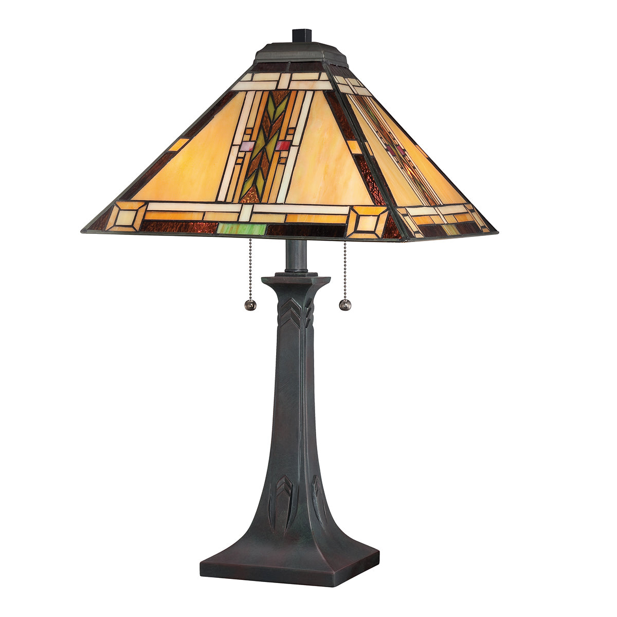 Quoizel Navajo 2 lt Tiffany styleTable Lamp - Bronze with Art Glass Shade E27