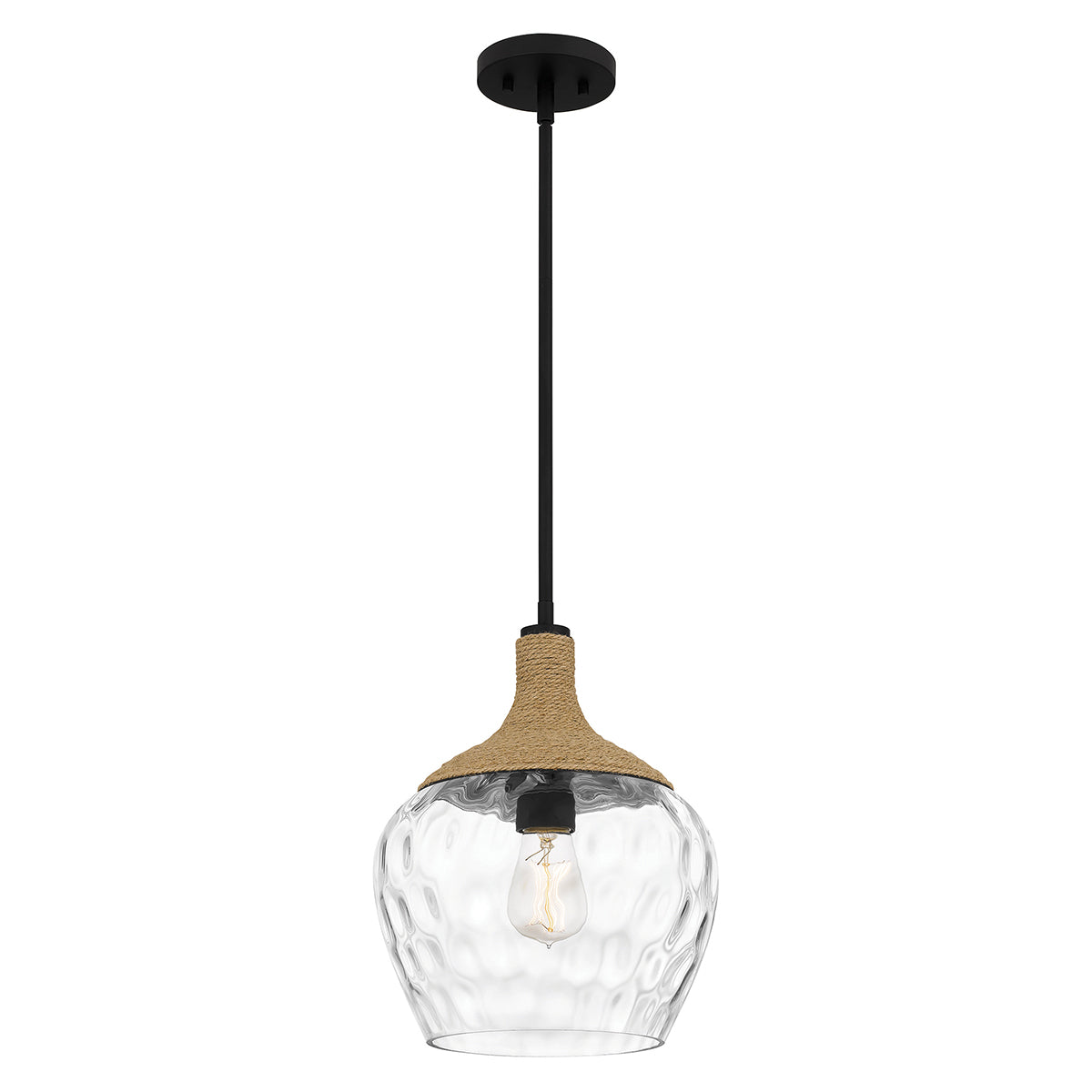 Quoizel Royer 1 lt Pendant - Matte Black with natural rope detail and clear mottled blown glass shade E27