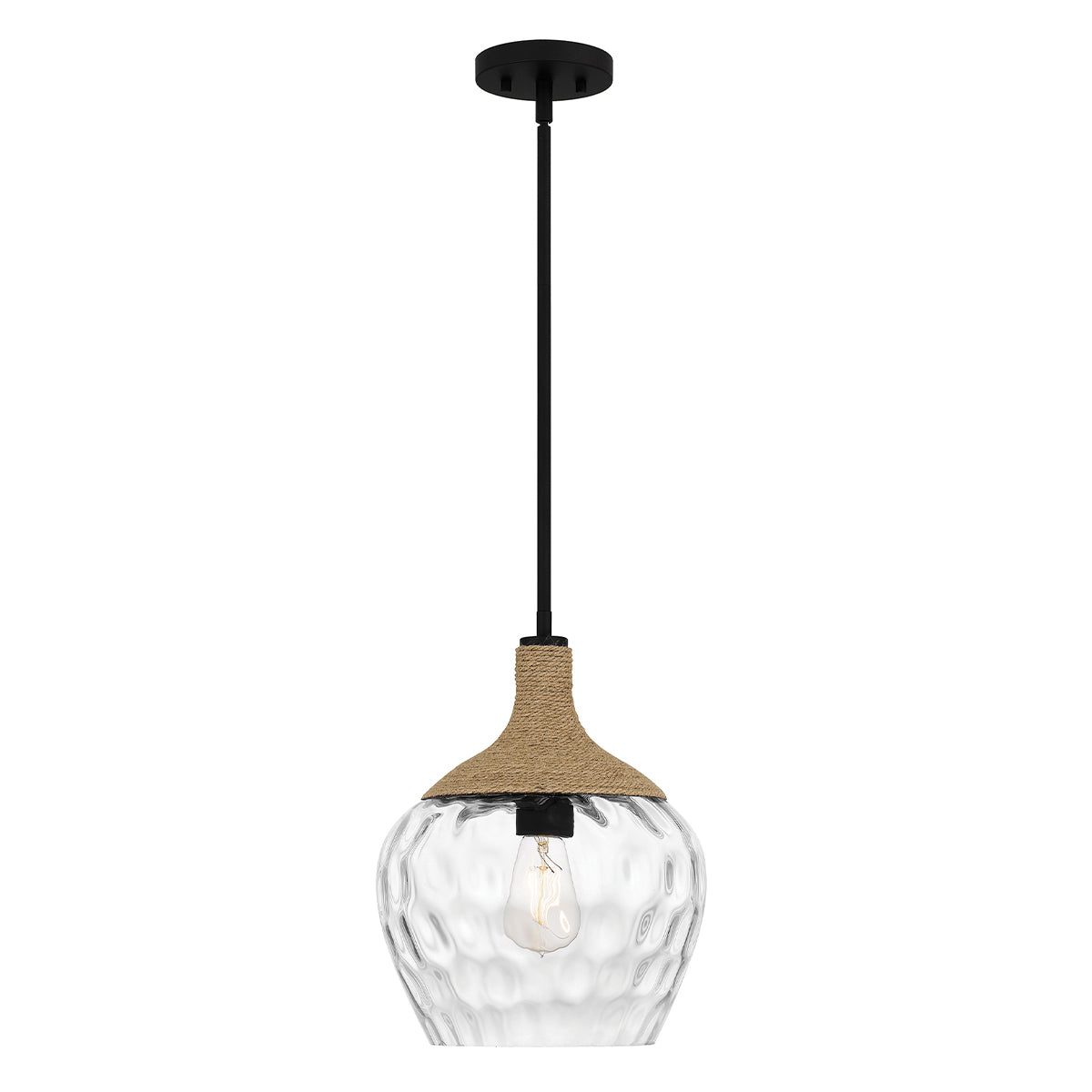 Quoizel Royer 1 lt Pendant - Matte Black with natural rope detail and clear mottled blown glass shade E27