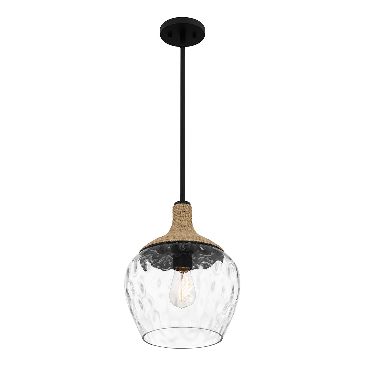 Quoizel Royer 1 lt Pendant - Matte Black with natural rope detail and clear mottled blown glass shade E27