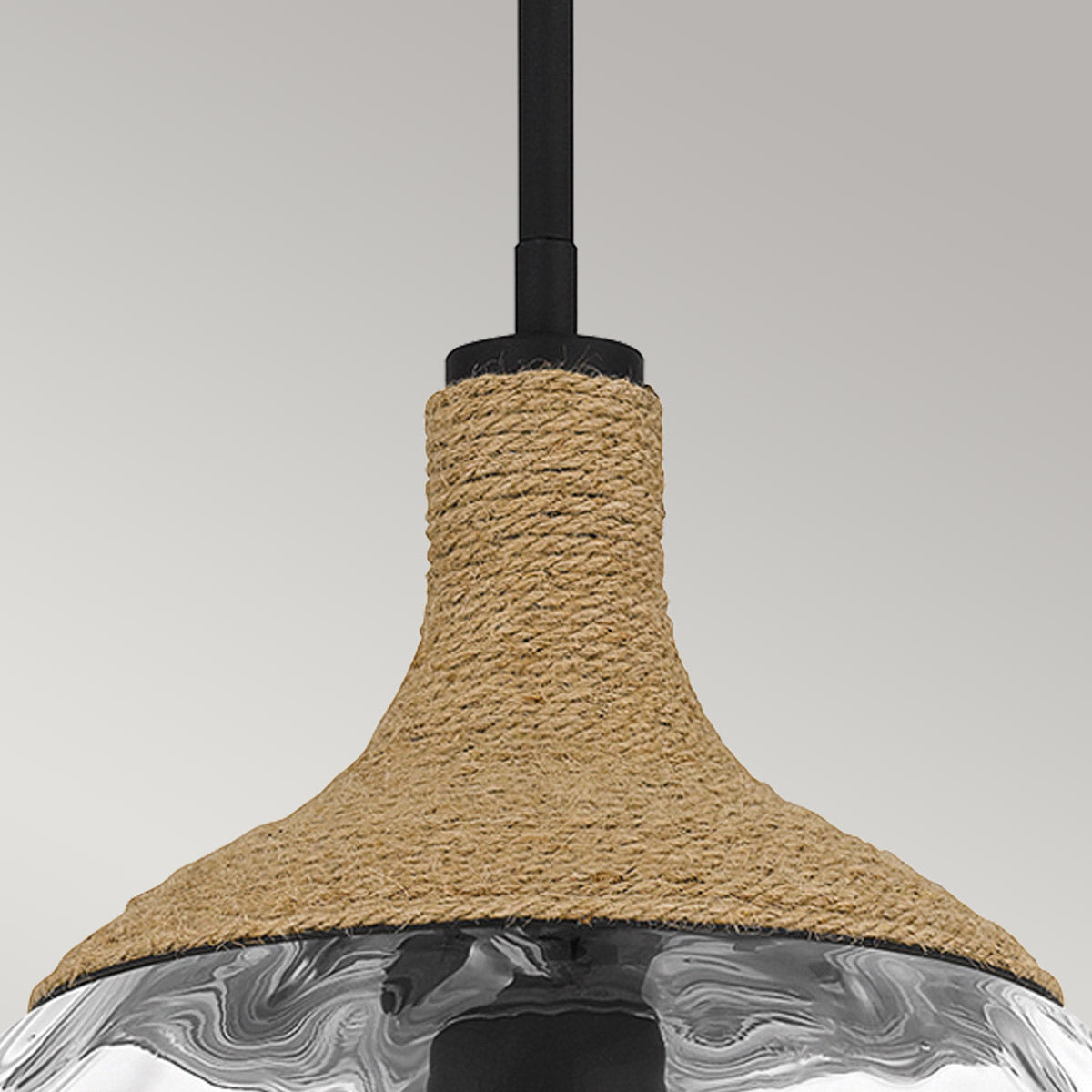 Quoizel Royer 1 lt Pendant - Matte Black with natural rope detail and clear mottled blown glass shade E27