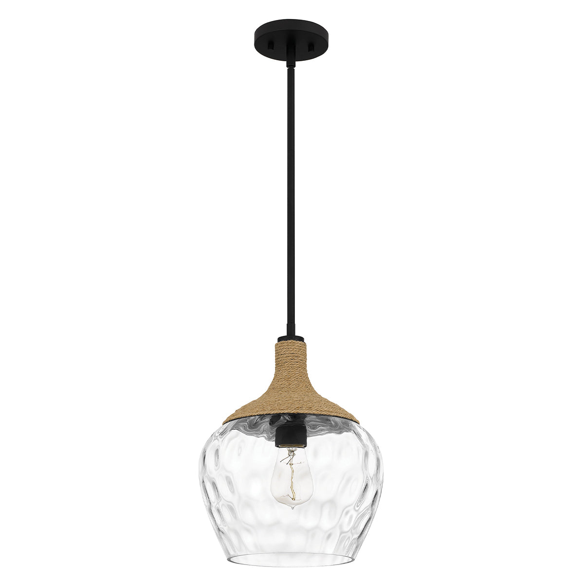 Quoizel Royer 1 lt Pendant - Matte Black with natural rope detail and clear mottled blown glass shade E27