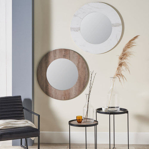 Veneer Round Wall Mirror - Brown Wood/White Marble Finish