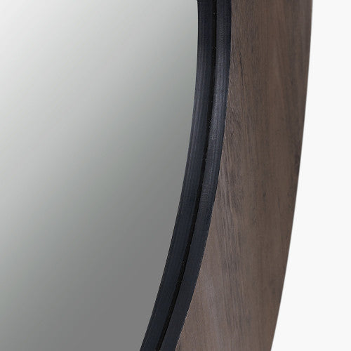 Veneer Round Wall Mirror - Brown Wood Finish