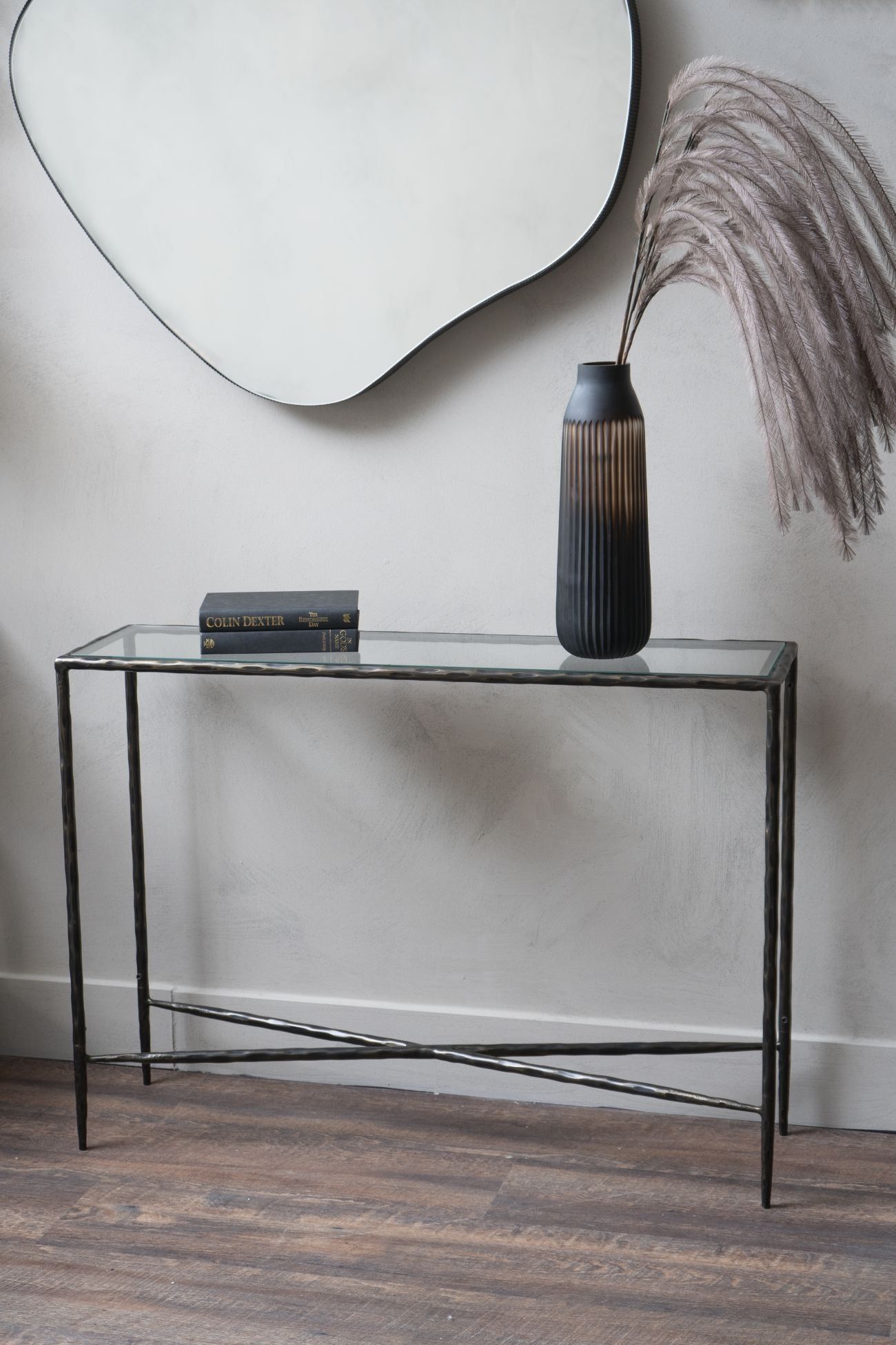 Patterdale Hand Forged Small Console Table - Dark Bronze & Glass Top Finish
