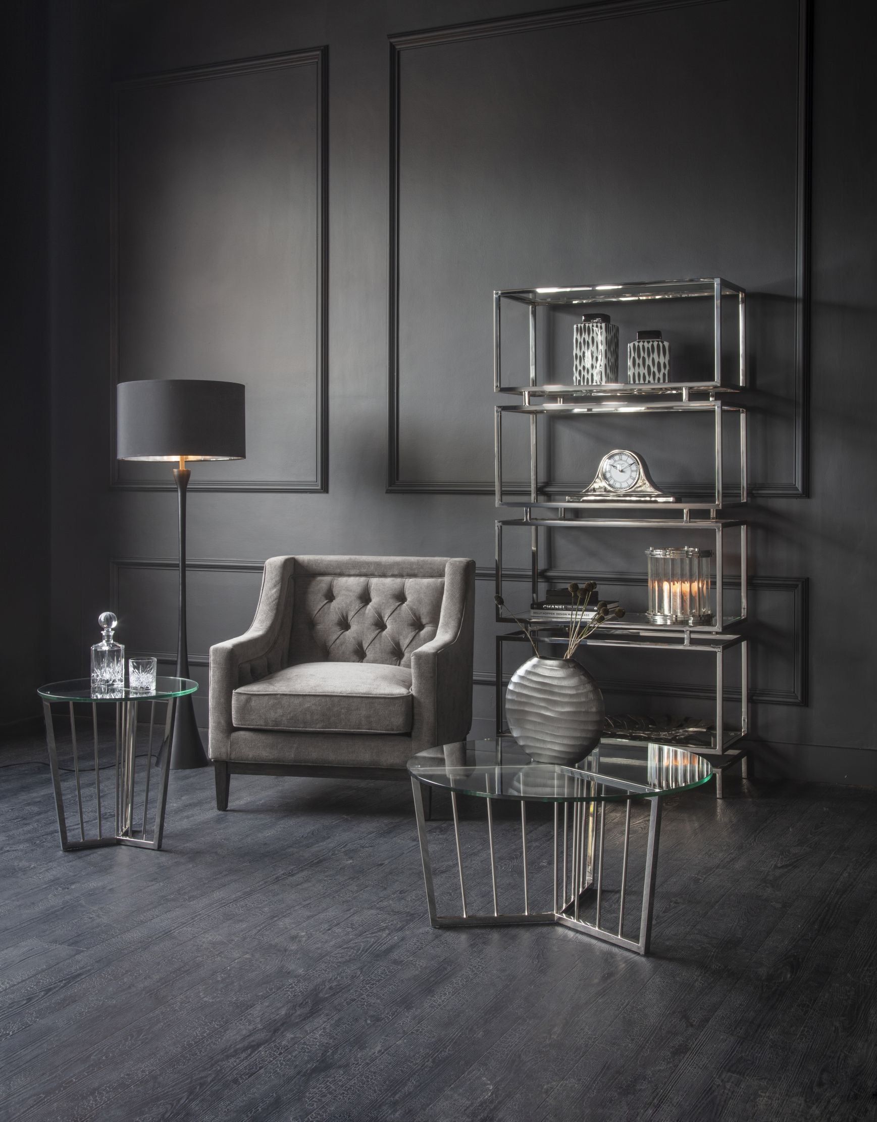 Theodore Buttoned Armchair - Warm Grey Fabric