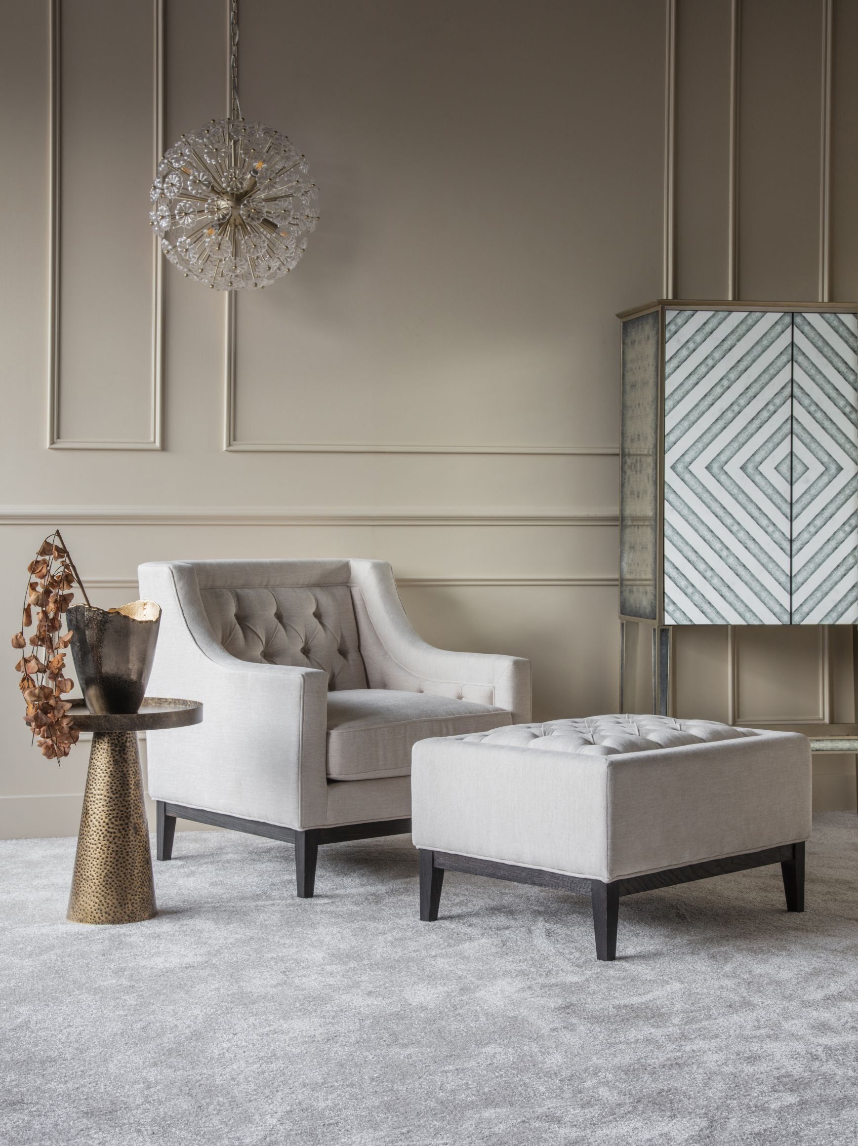 Theodore Buttoned Stool - Ivory Fabric 81x61cm