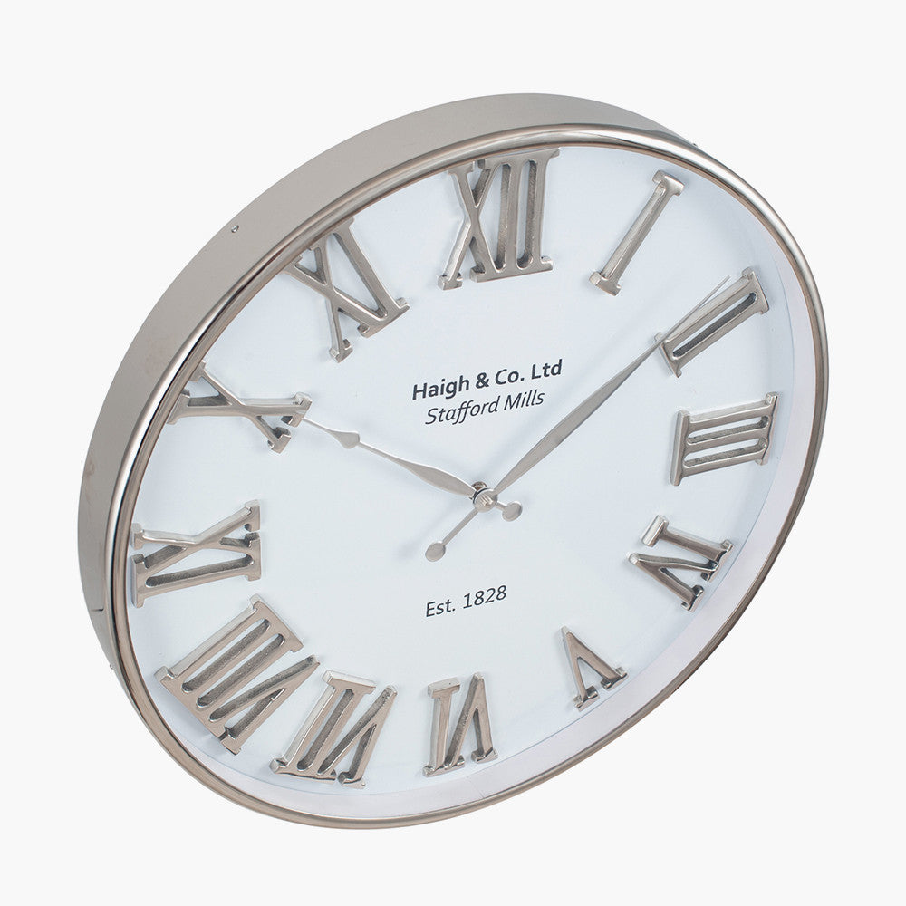 Round Wall Clock - Silver & White Metal Finish