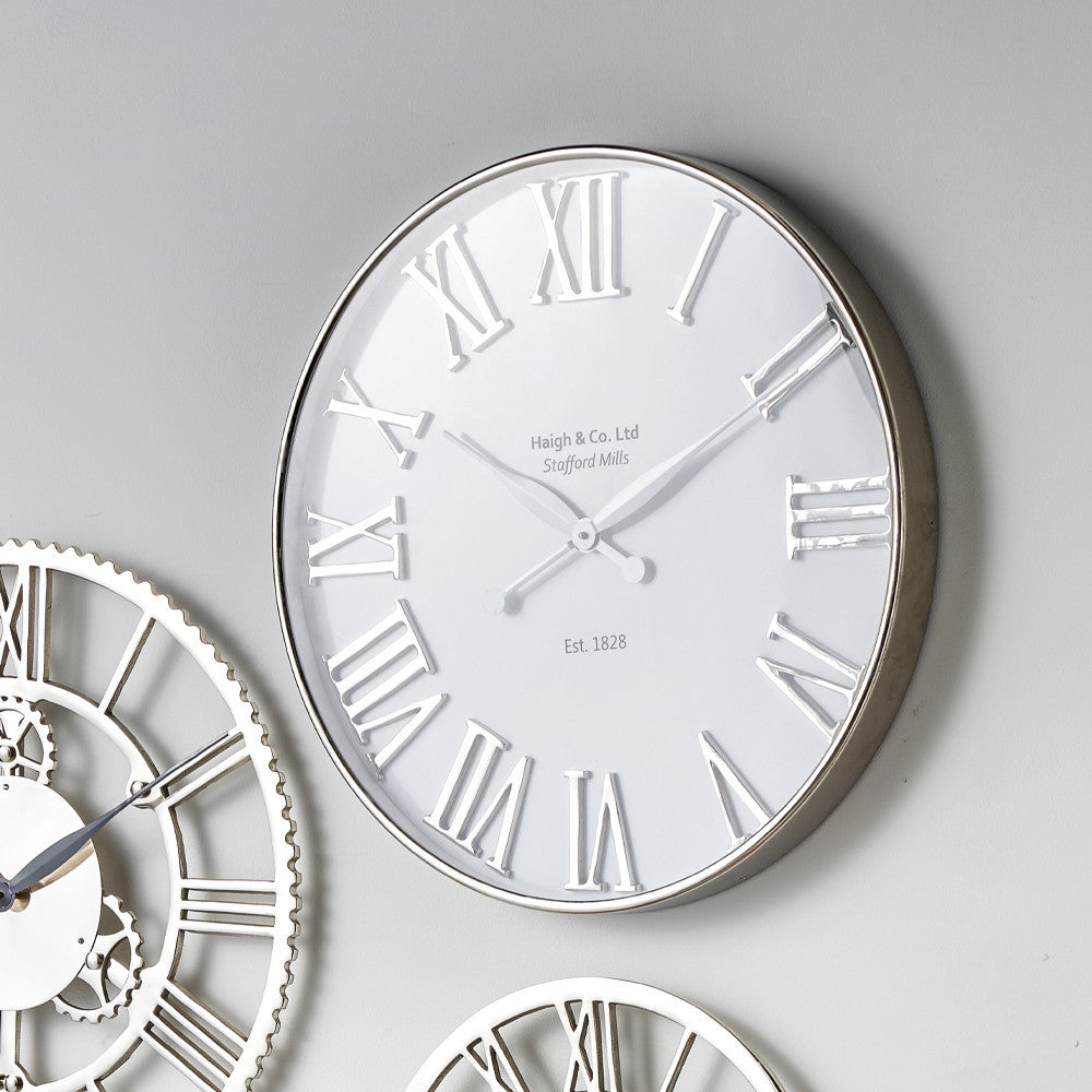 Round Wall Clock - Silver & White Metal Finish