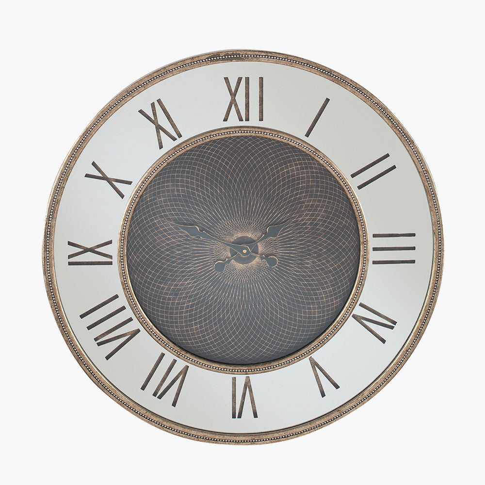 Wood & Mirror Geo Print Wall Clock - Antique Gold Finish