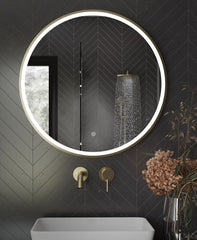 Feya Frame Brushed Brass Round with Feature Without Strap - LED lighting Bathroom Mirror