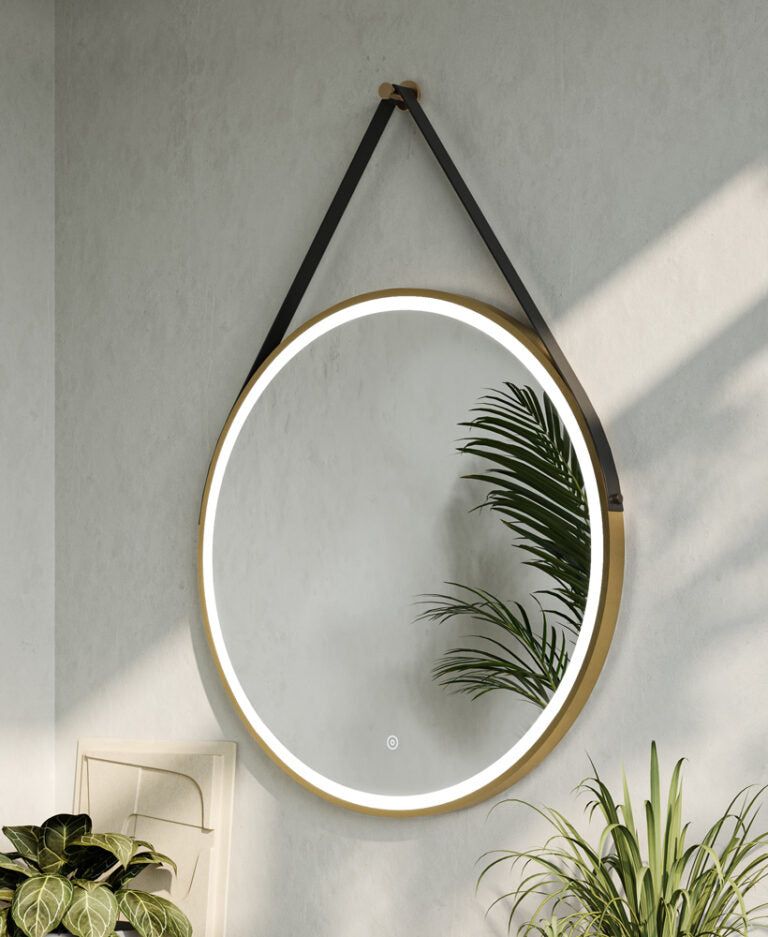 Feya Frame Brushed Brass Round with Feature Strap - LED lighting Bathroom Mirror