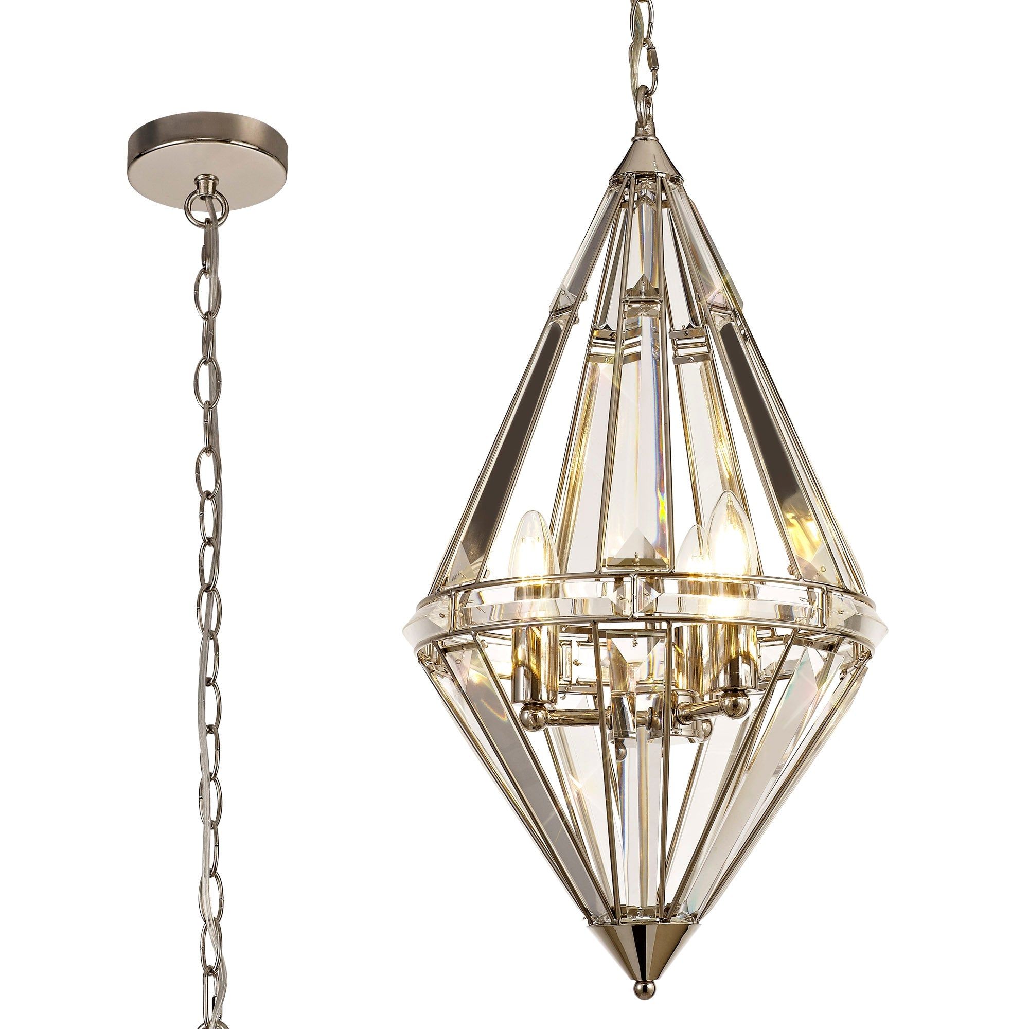 Eleanor Diamond/Tear Drop Pendant, 3 Light E27, Polished Nickel