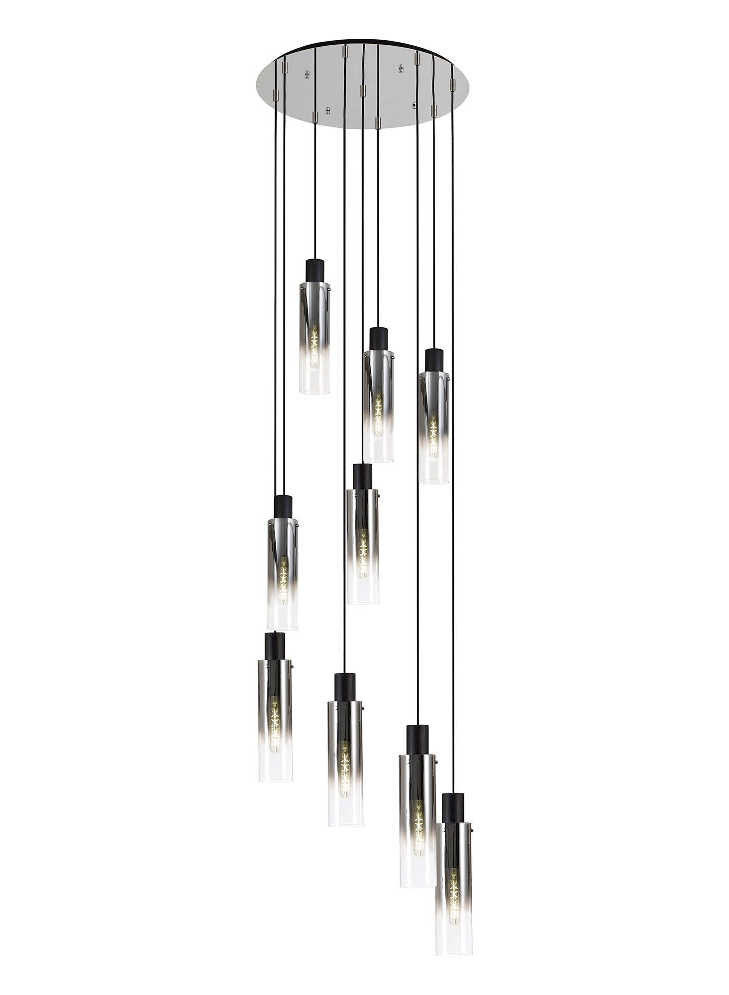 Hailey Slim Round Pendant, 15/21/3/5/9 Light Adjustable E27, Black/Smoke Fade Glass, Item Weight: 25.3kg
