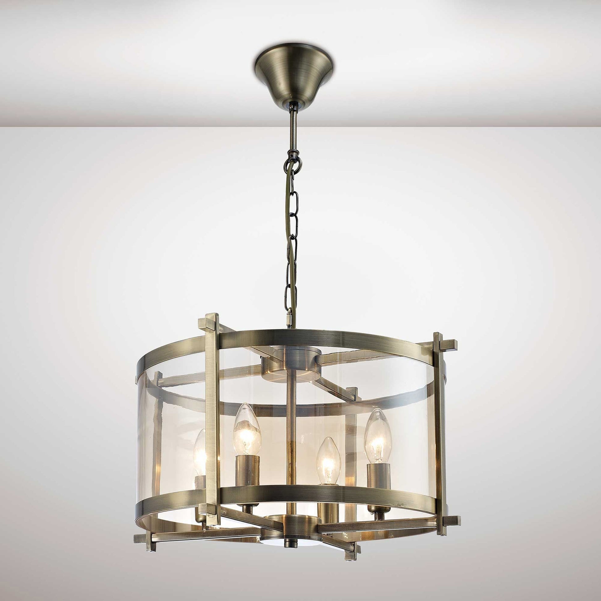 Nolan Single Medium Pendant 4 Light E14 Antique Brass/Amber Glass