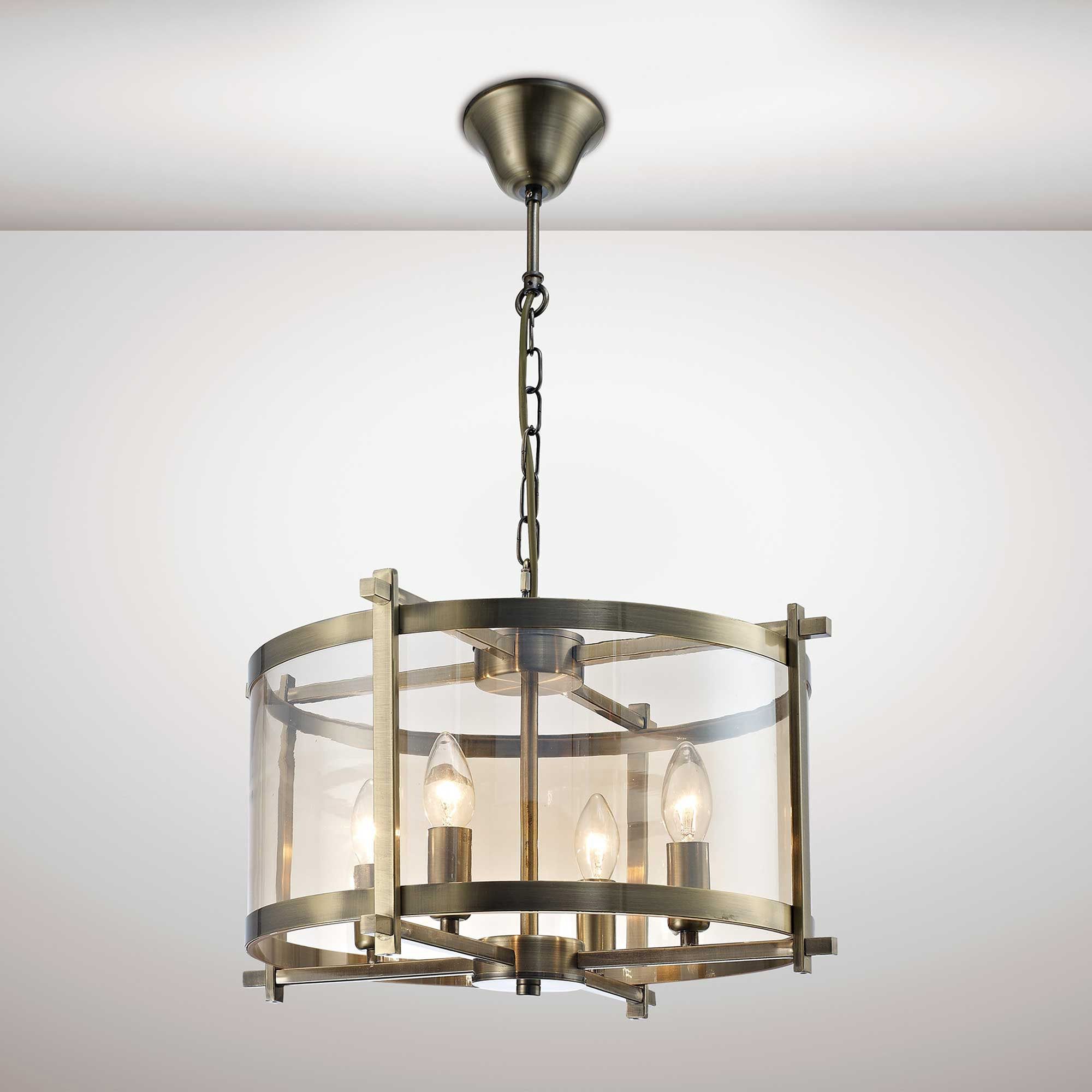 Nolan Single Medium Pendant 4 Light E14 Antique Brass/Amber Glass