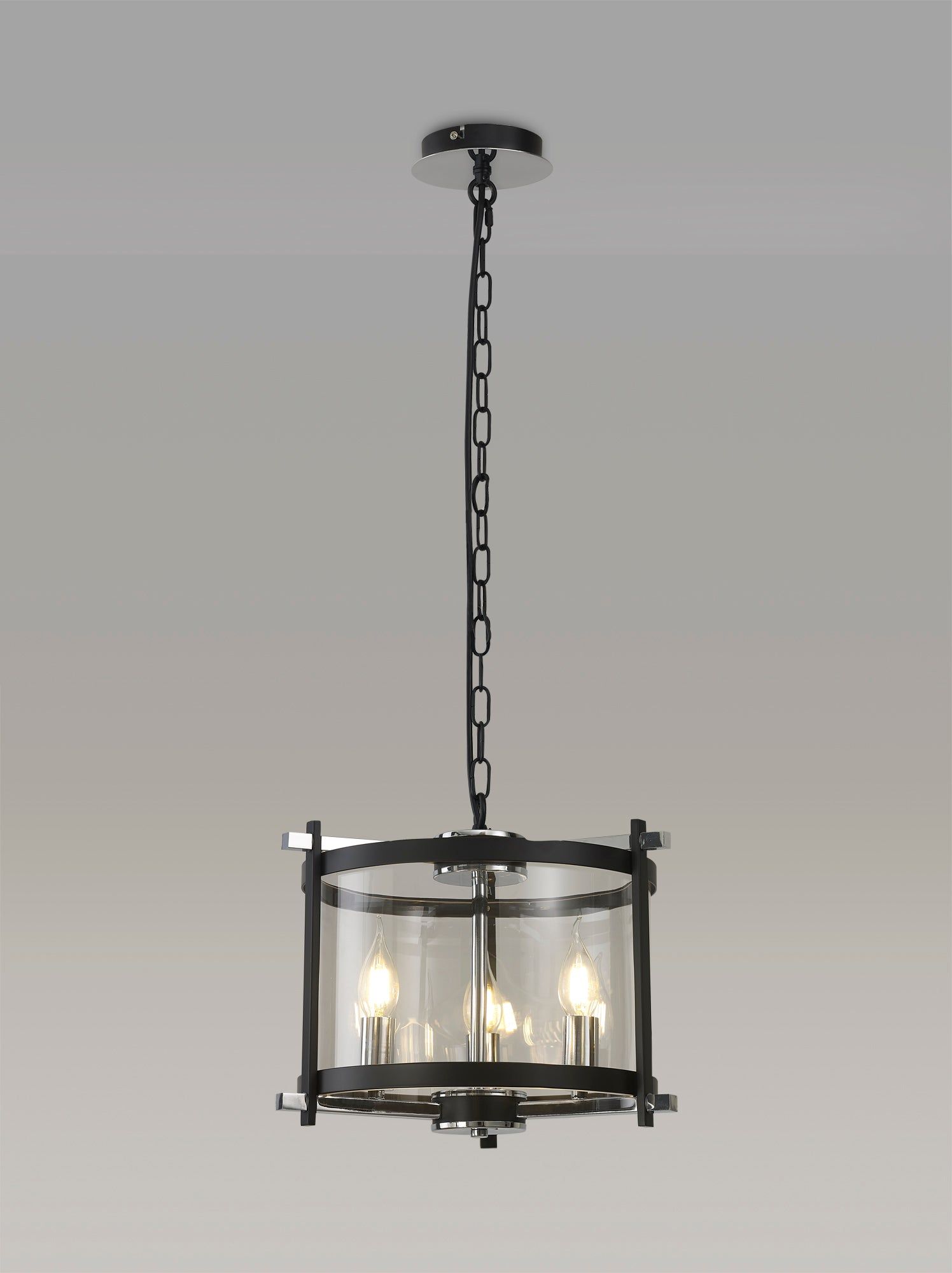 Nolan Single Small Pendant 3 Light E14 Black With Polished Chrome Detail And Clear Glass