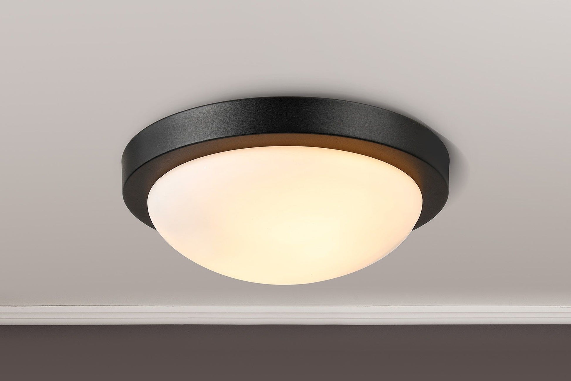 Porter IP44 1 Light E27 Small Flush Ceiling Light, Satin Black/Satin Nickel  With Opal White Glass