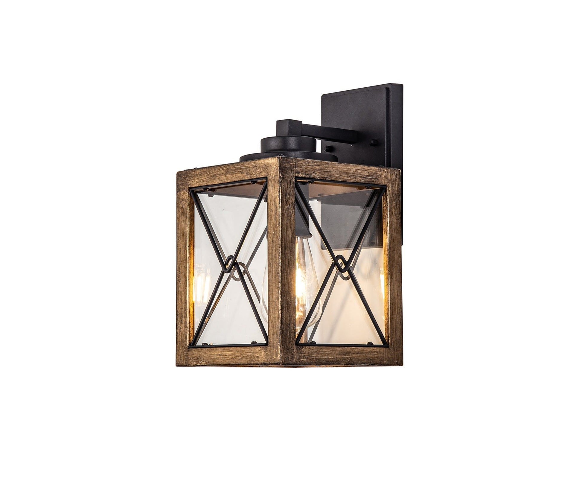Beait Large/Small Wall Lamp, Wood Effect & Black/Clear Glass, IP54, 2yrs Warranty
