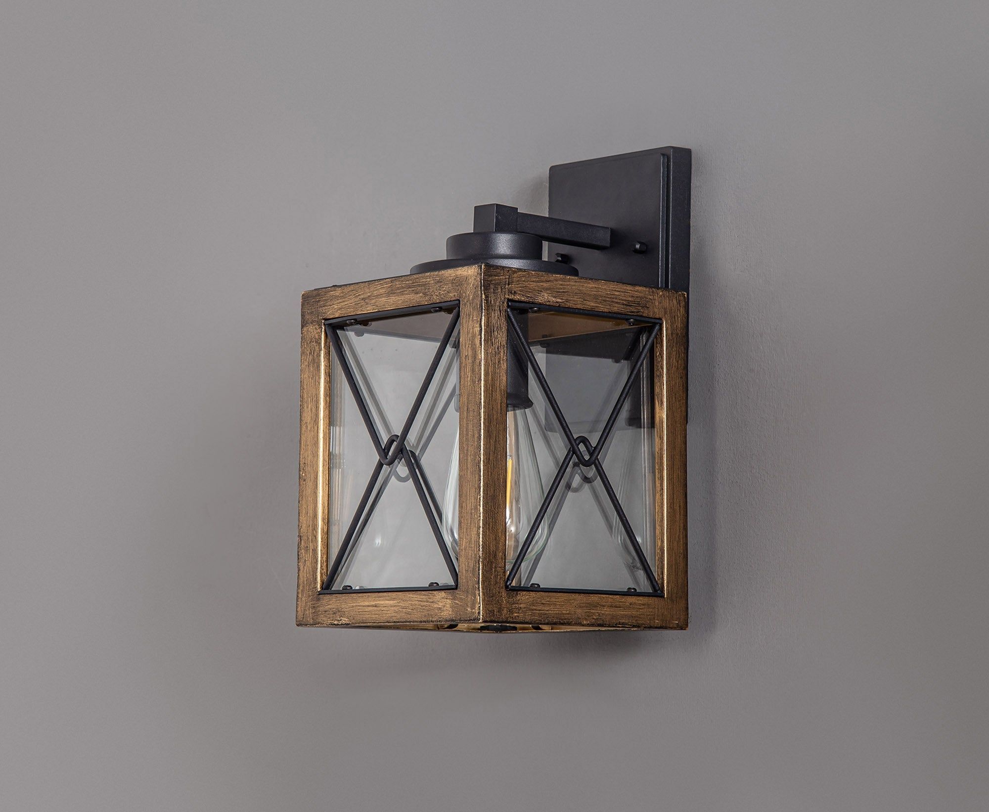 Beait Large/Small Wall Lamp, Wood Effect & Black/Clear Glass, IP54, 2yrs Warranty